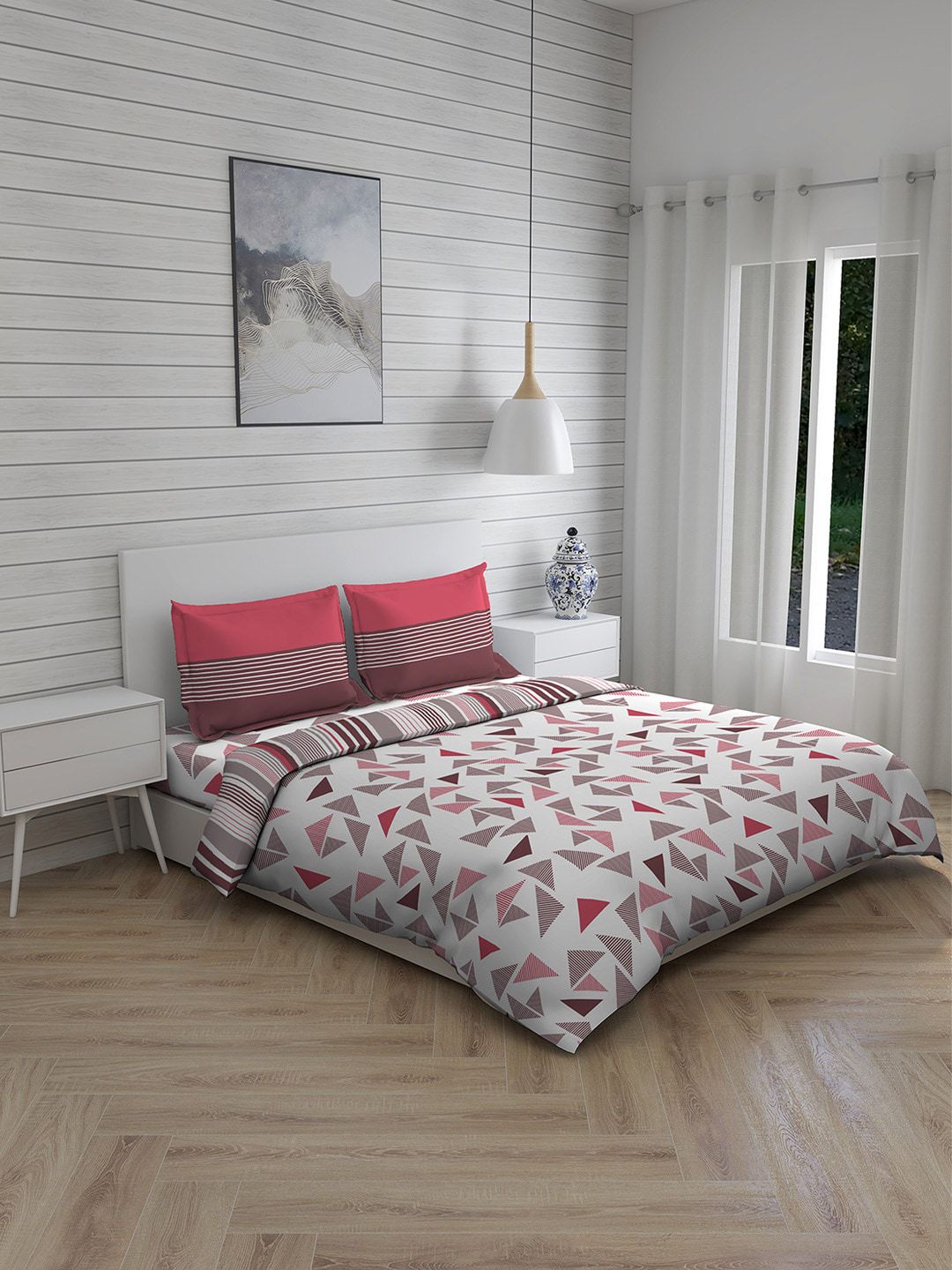 Boutique Living India White & Pink Printed Cotton Double Queen Bedding Set With Comforter Price in India