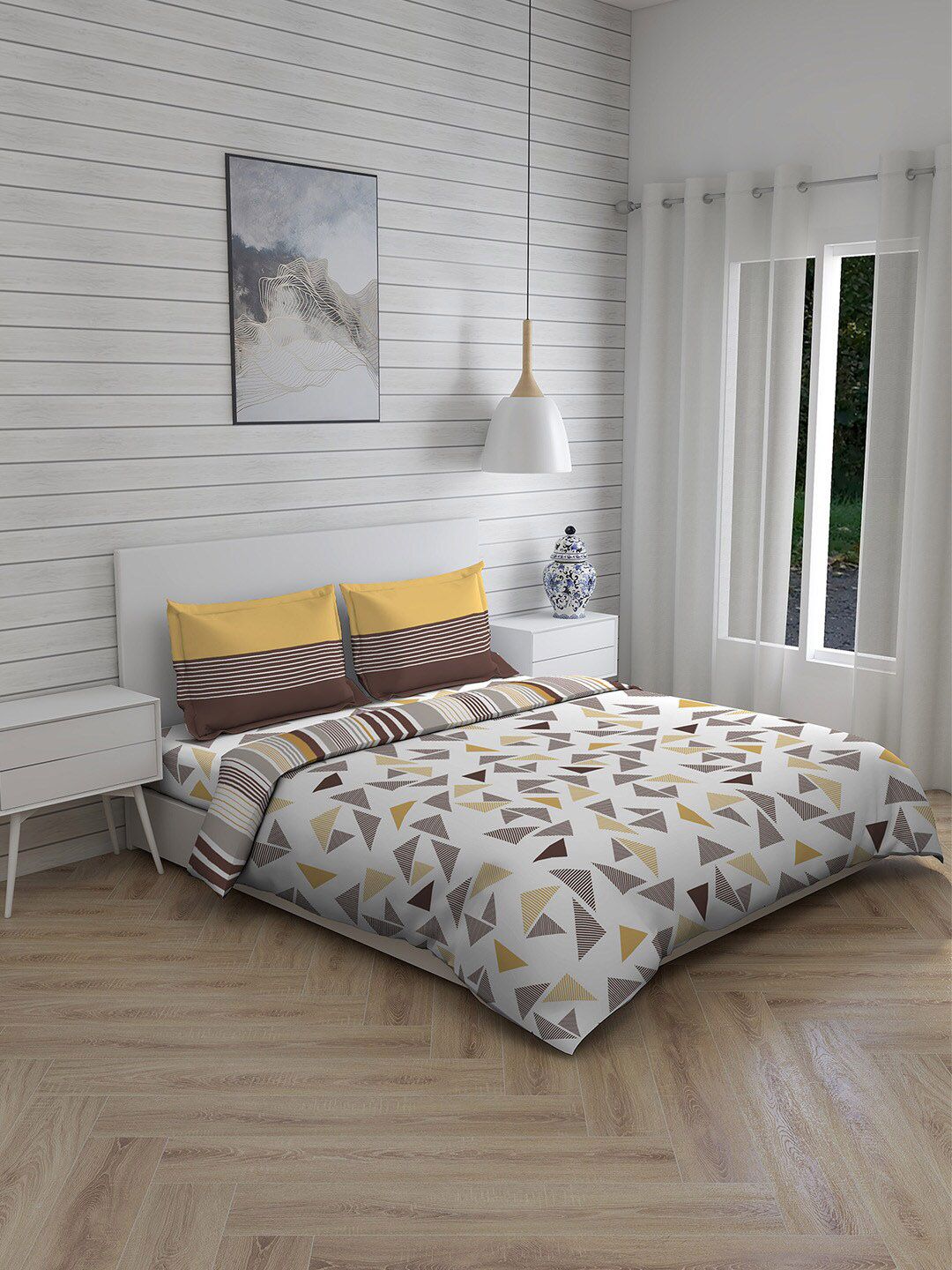 Boutique Living India White & Yellow Geometric Pure Cotton Double Queen Bedding Set Price in India