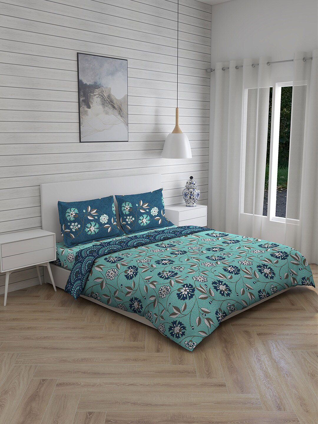 Boutique Living India Green & White Floral Printed Cotton 112 TC Double Queen Bedding Set Price in India
