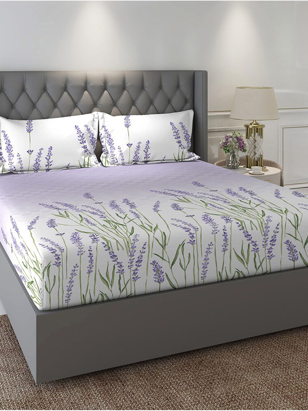 Duroflex Violet & White Floral 104 TC King Bedsheet with 2 Pillow Covers Price in India