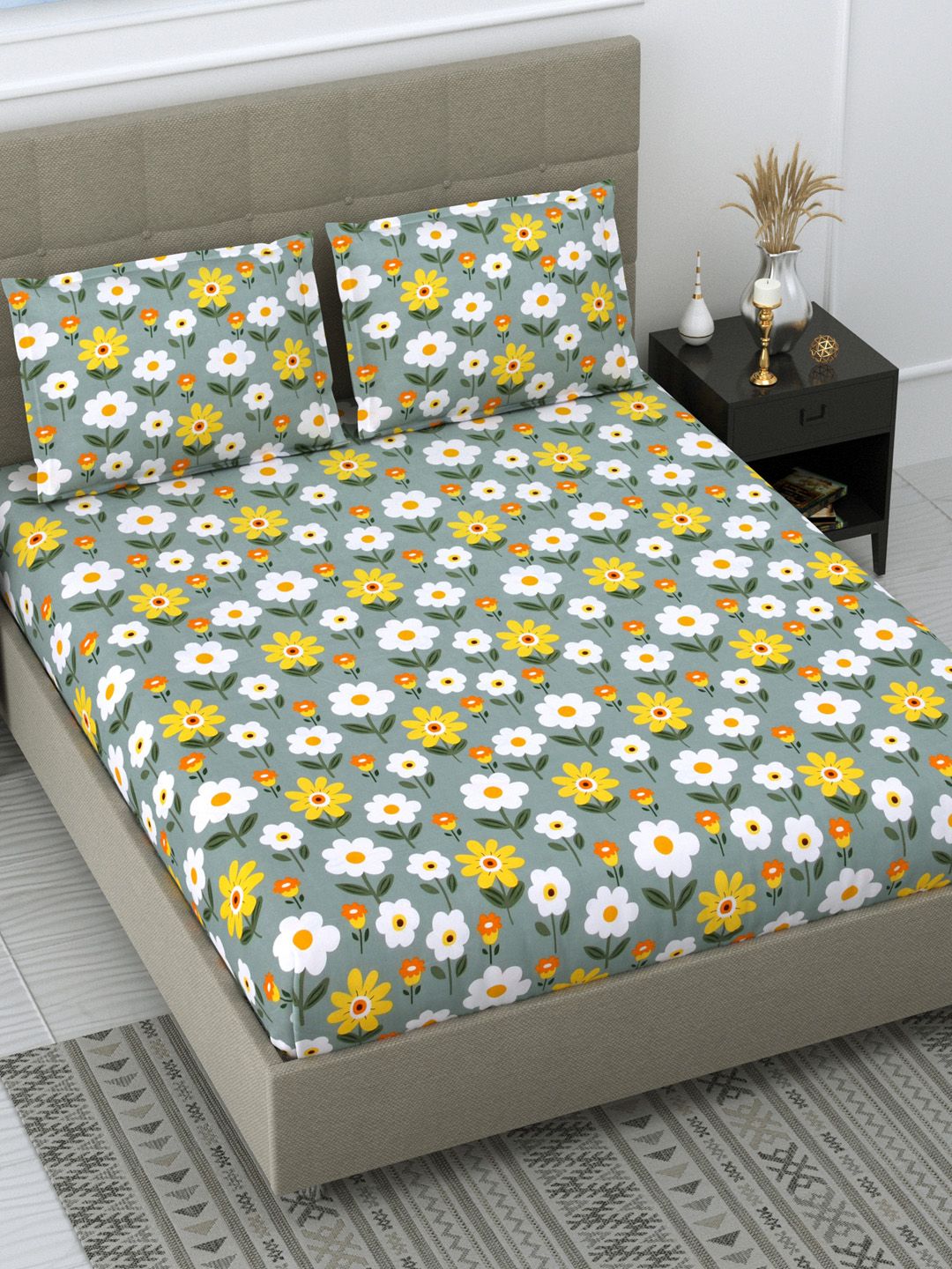 DREAM WEAVERZ Grey 240 TC Floral Double Bedsheet with 2 Pillow Covers Price in India