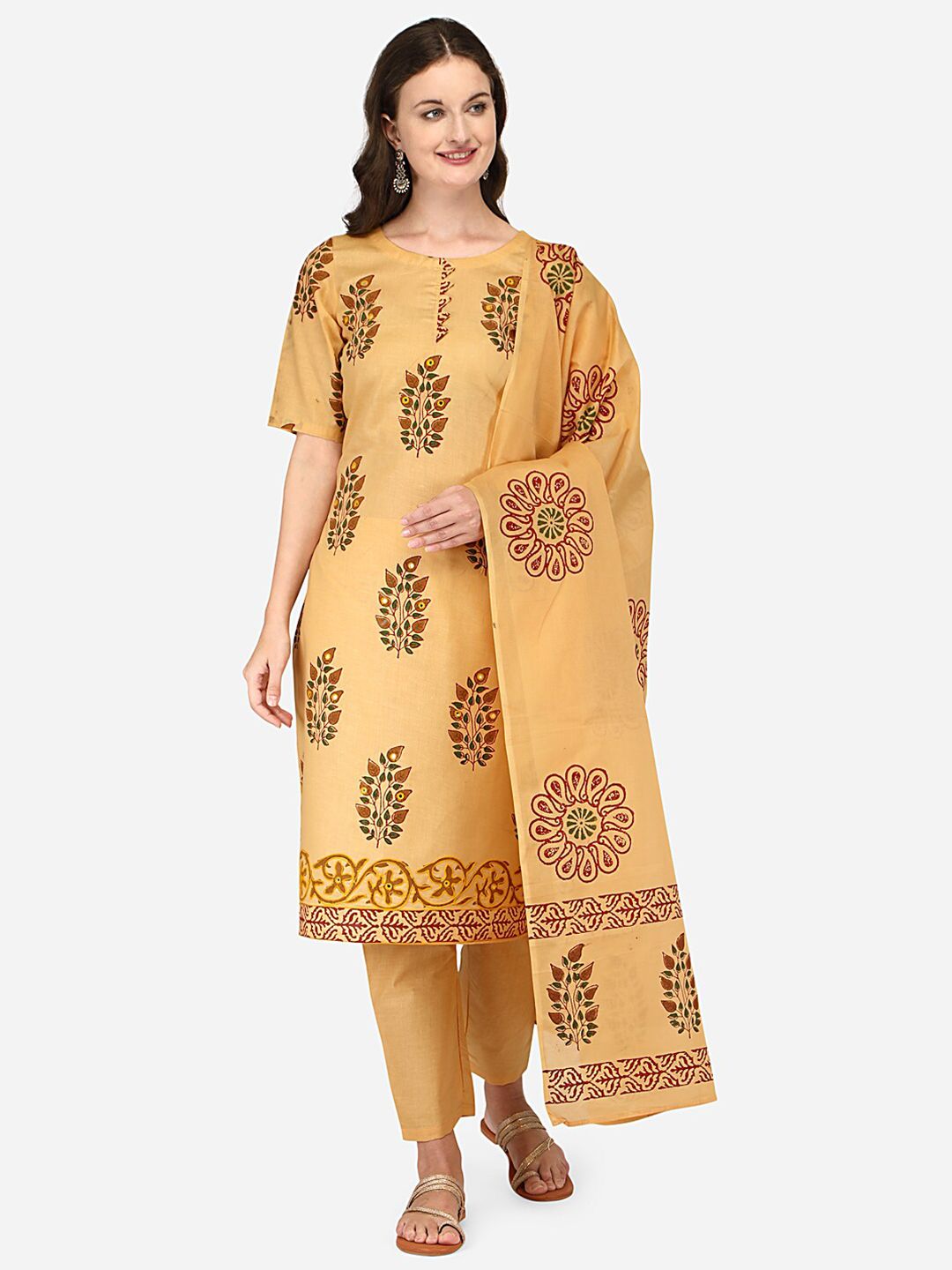 Iris Cream-Coloured & Brown Embroidered Unstitched Dress Material Price in India