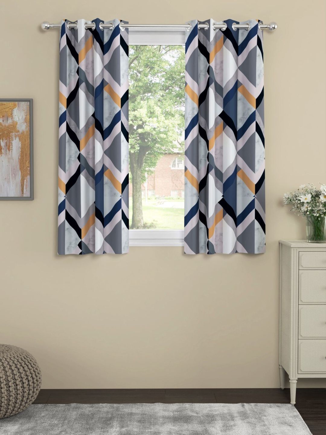 URBAN SPACE Navy Blue & White Set of 2 Geometric Window Curtain Price in India