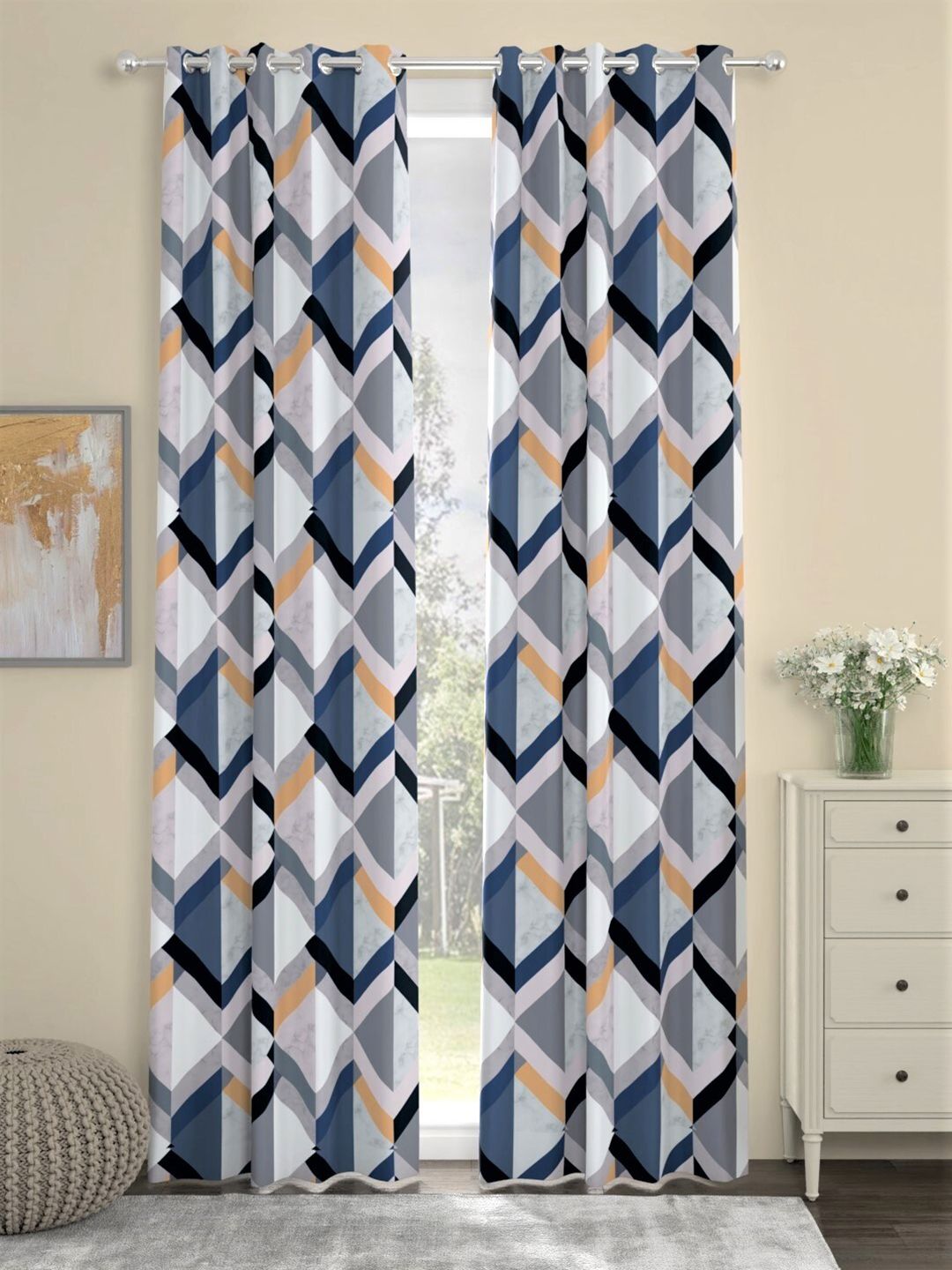 URBAN SPACE Pack Of 2 Blue & Grey Geometric Printed Long Door Curtains Price in India