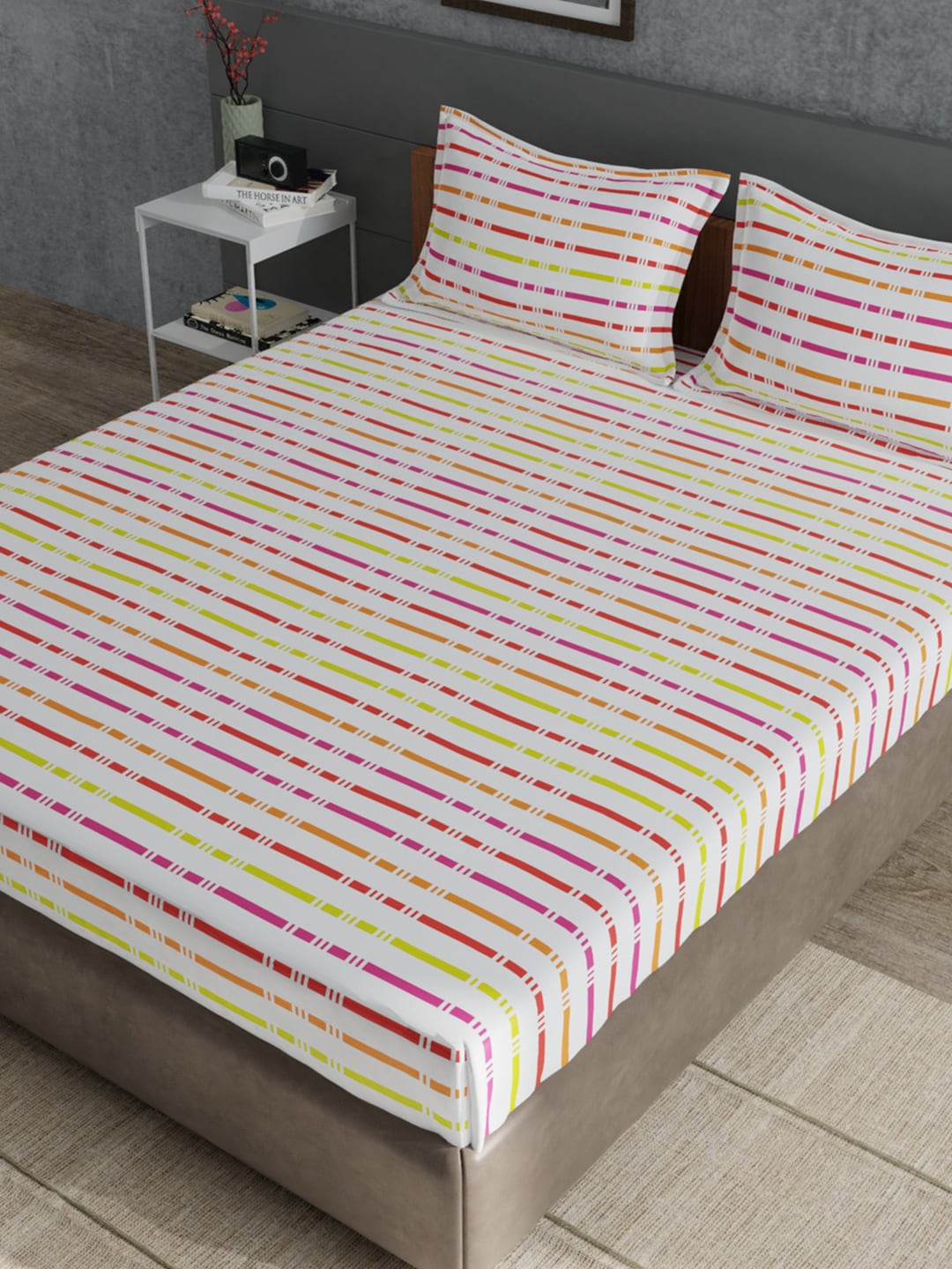 United Colors of Benetton Multicoloured Striped 180 TC King Bedsheet with 2 Pillow Covers Price in India