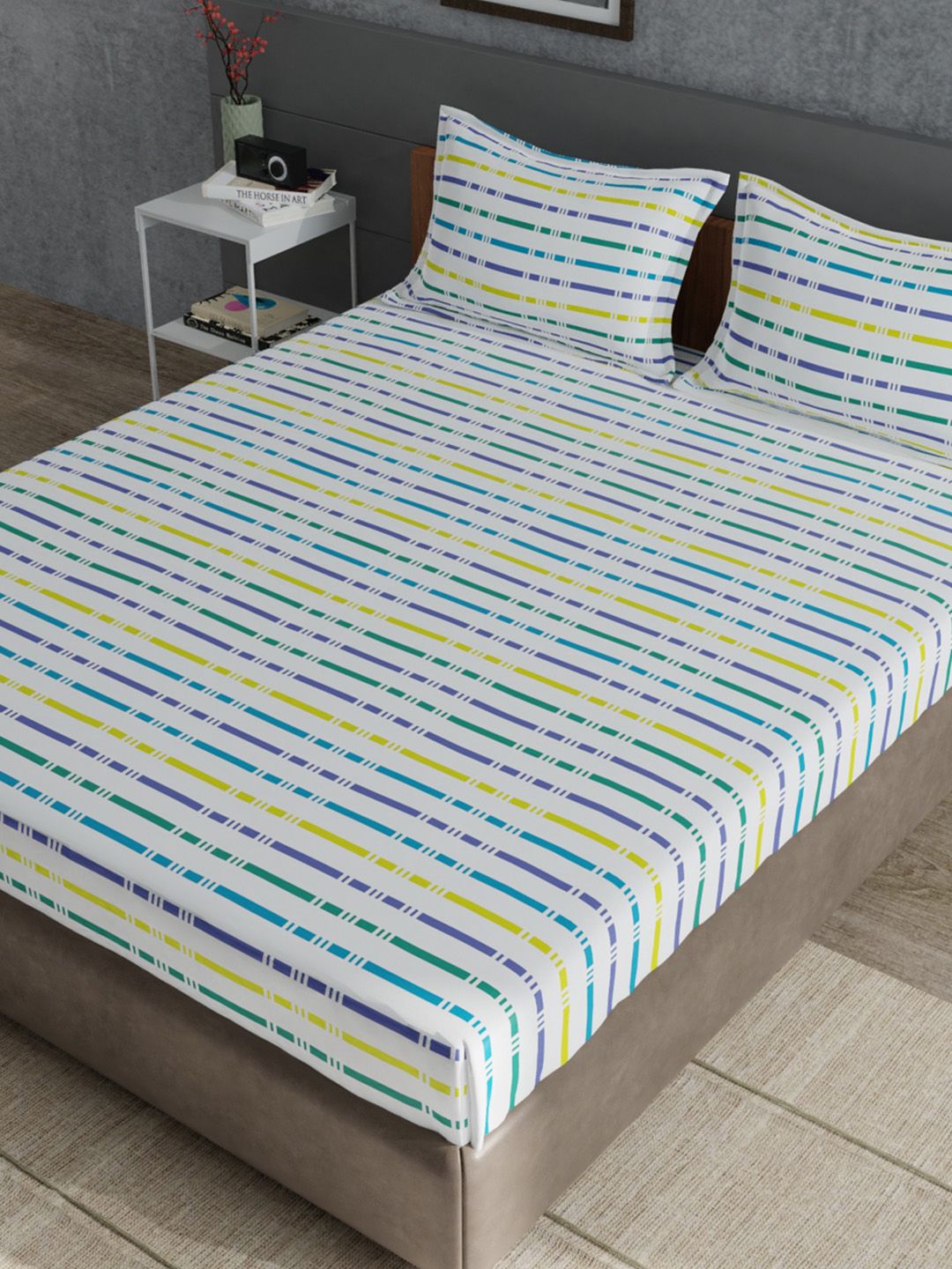United Colors of Benetton Multicoloured Pure Cotton 180 TC King Bedsheet & 2 Pillow Covers Price in India