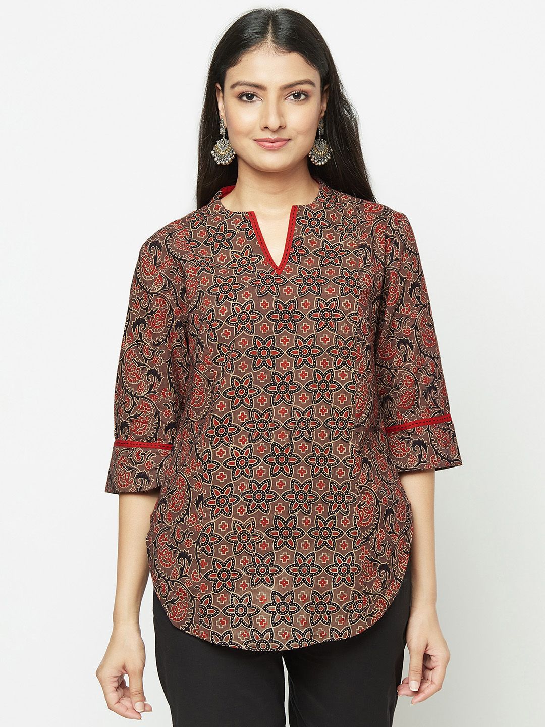 Fabindia Brown & Rust Red Cotton Ajrakh Hand Block Print Top