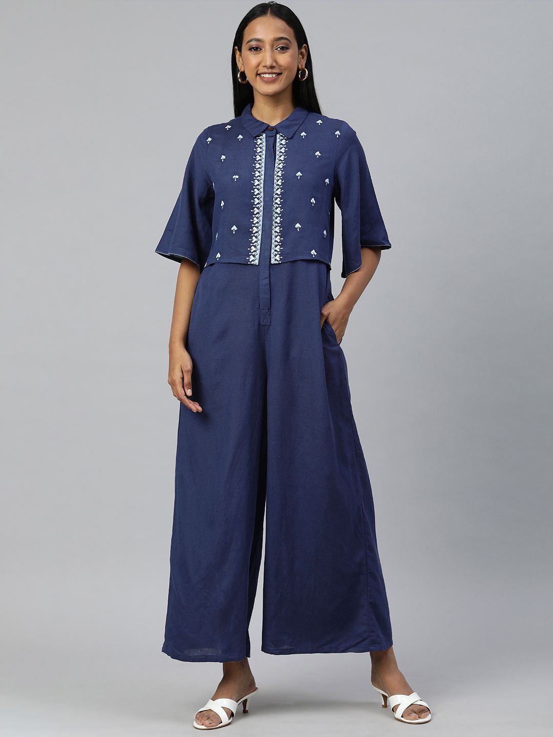 Global Desi Blue Basic Jumpsuit with Embroidered Price in India