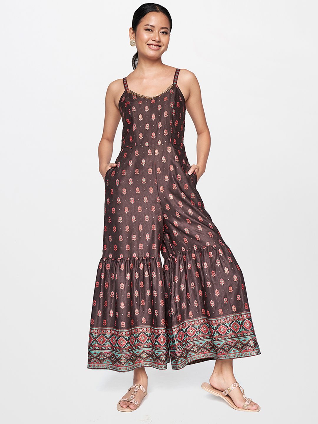 Global Desi Brown & Red Printed Shoulder Strap Basic Jumpsuit Price in India