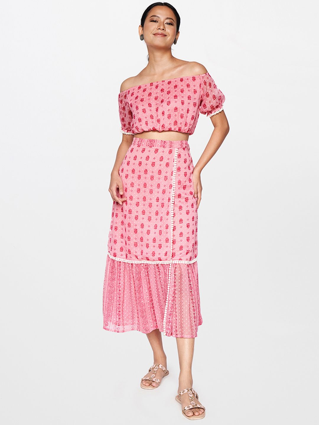 Global Desi Women Pink & Red Off-Shoulder Two-Piece