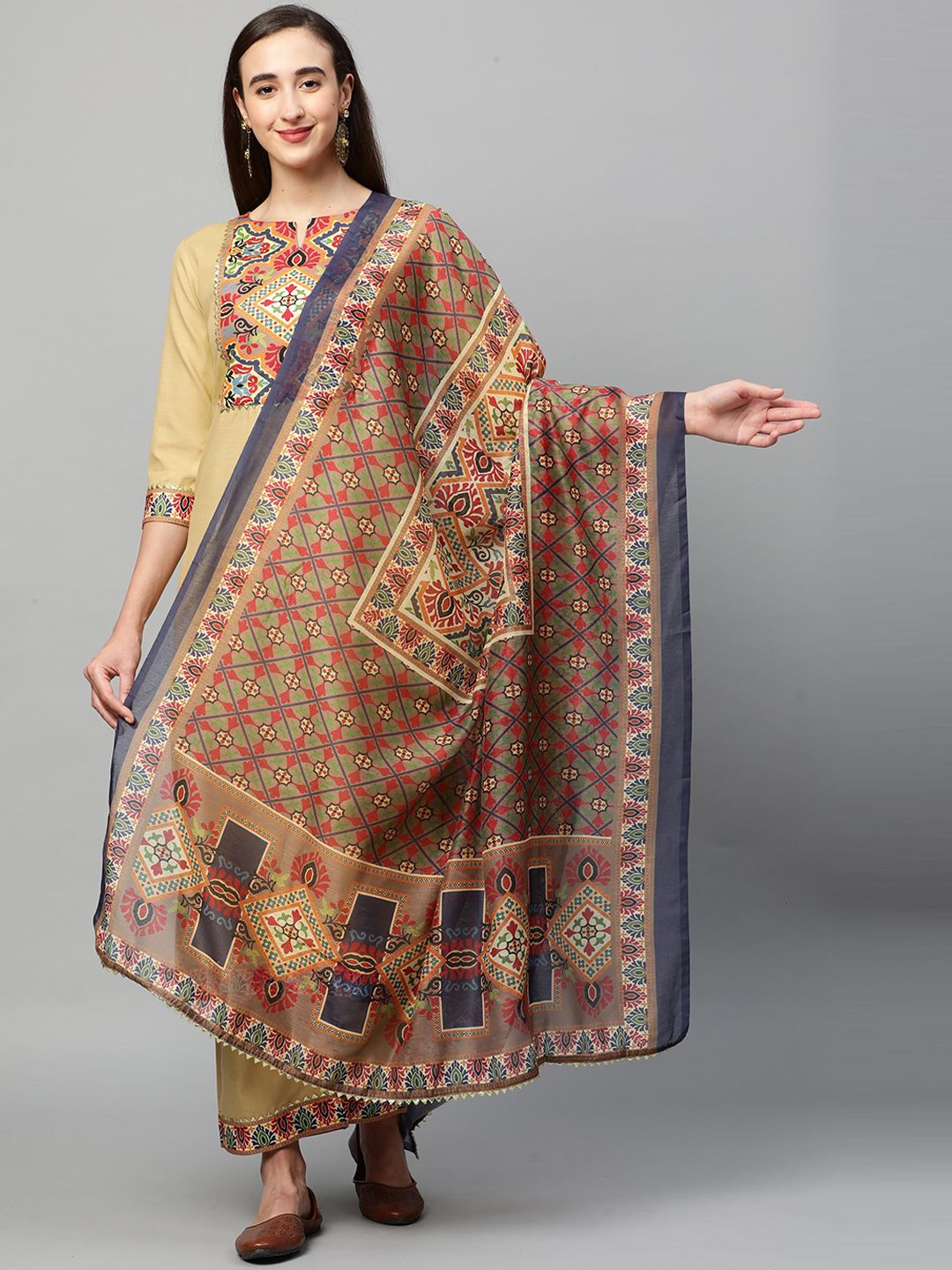 KALINI Women Beige Ethnic Motifs Printed Regular Kurta with Trousers & With Dupatta Price in India