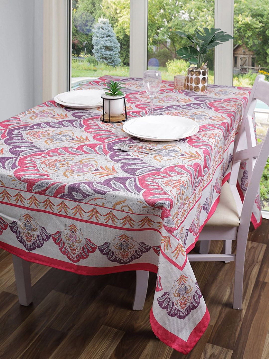 ROMEE Pink & Purple Floral Dining Table Cover Cloth Price in India