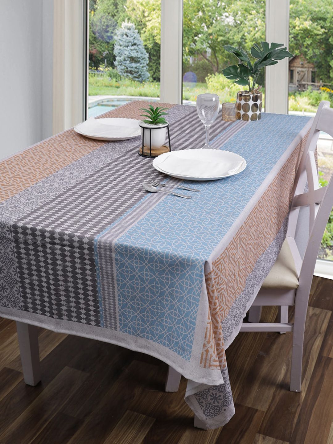 ROMEE White Polyester Geometric Printed Dining Table Cover Cloth Price in India