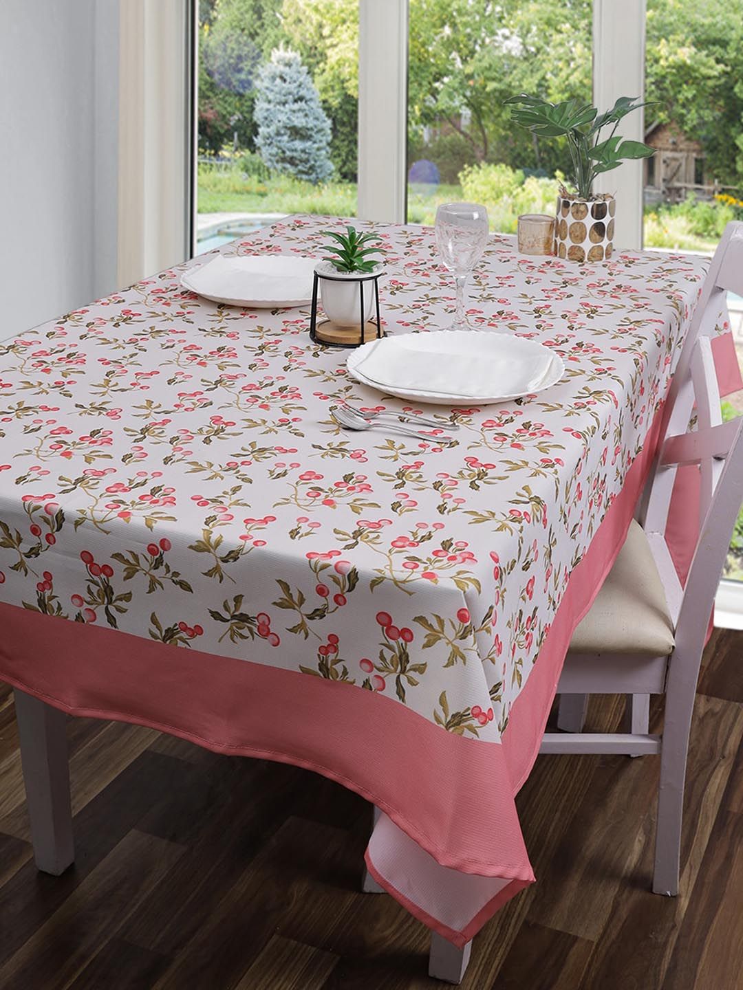 ROMEE Cream-Coloured & Pink Floral Printed Dining Table Cover Cloth Price in India