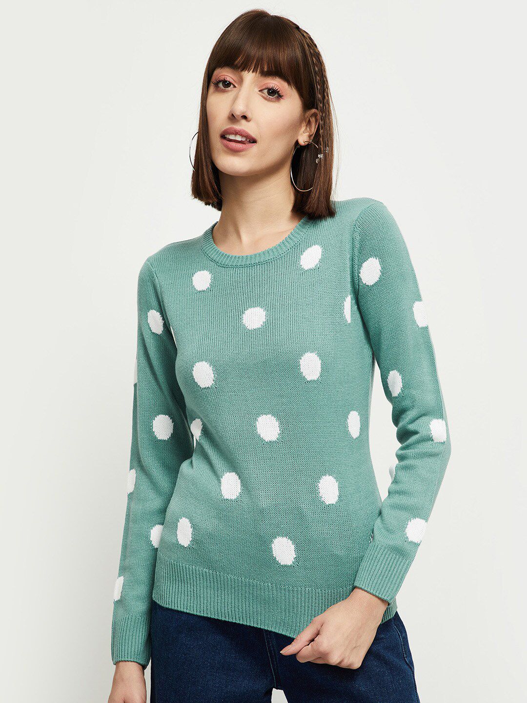 max Women Green & White Polka Dots Designed Pullover Sweater Price in India