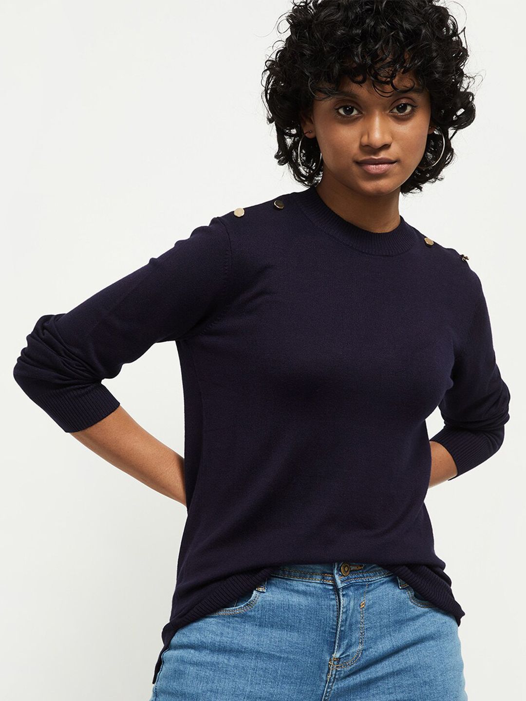 Max Women Navy Blue Solid Knitted Pullover Price in India