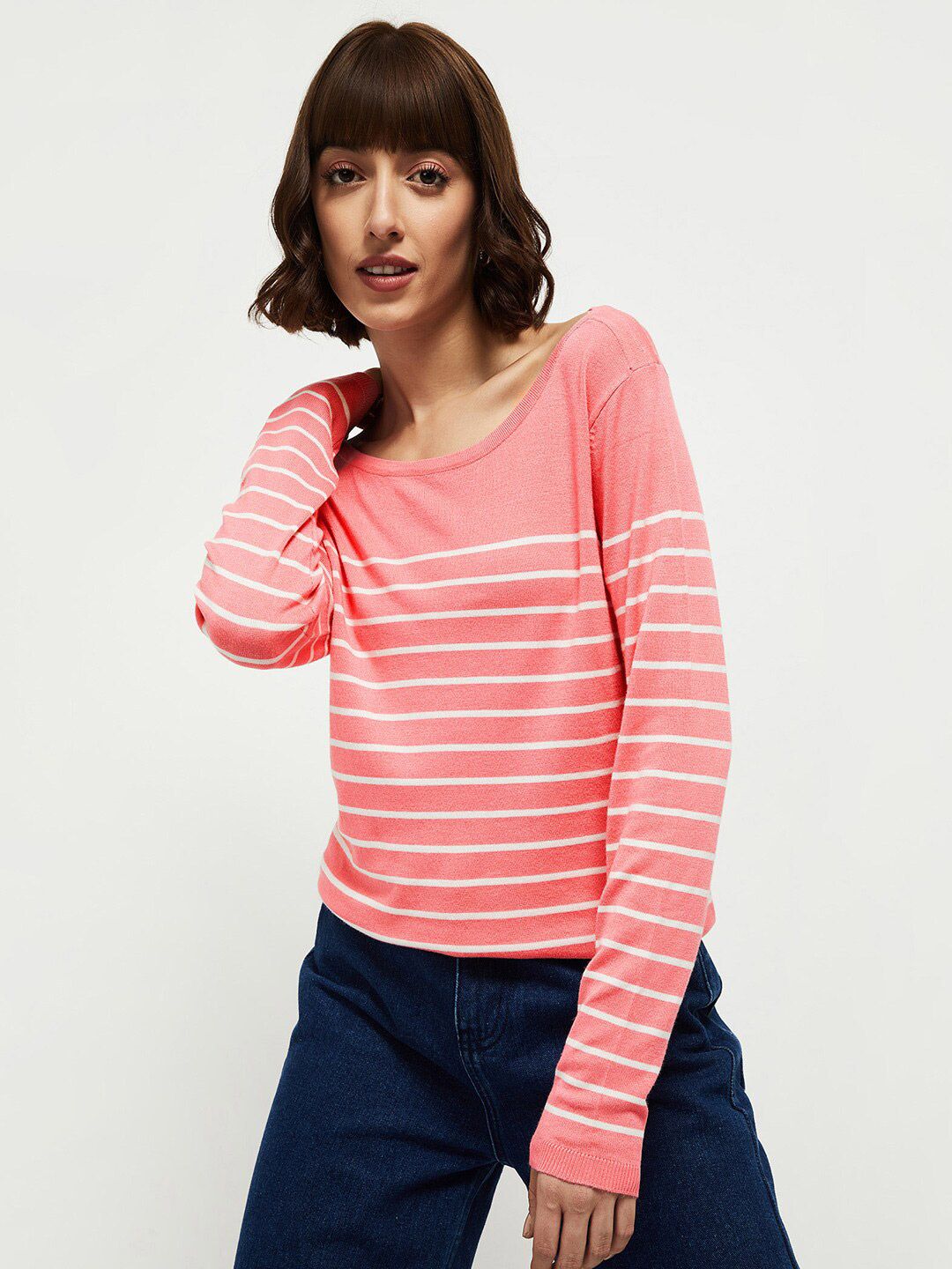 max Women Peach-Coloured & White Striped Pullover Price in India