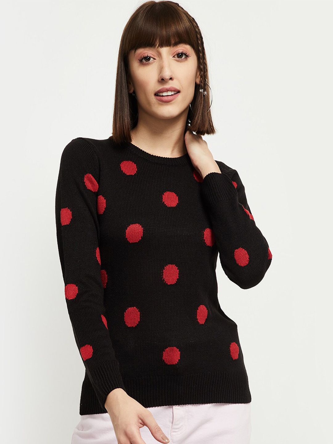 max Women Black & Red Polka Dots Designed Pullover Sweater Price in India