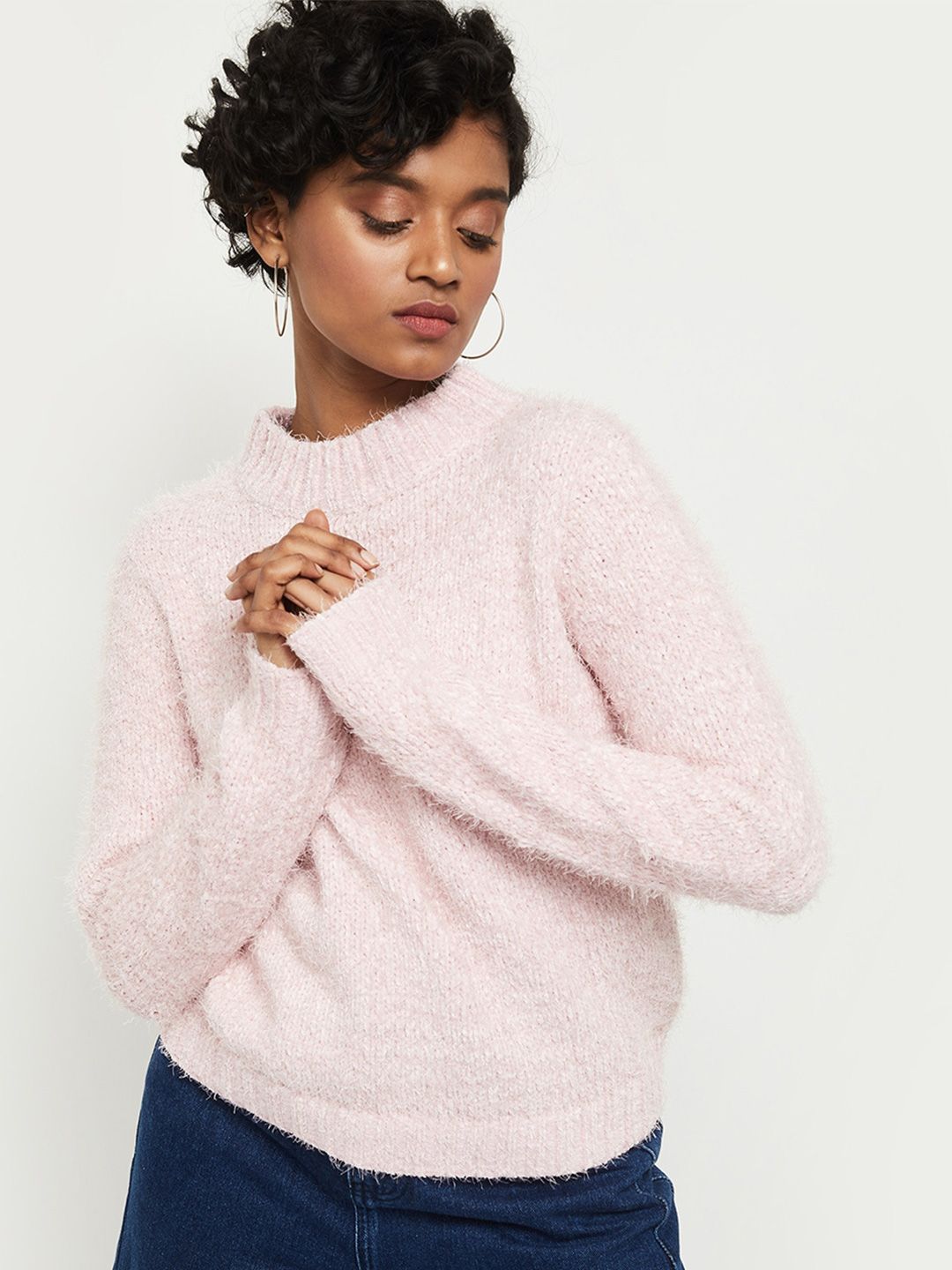 max Women Pink Solid Pullover Sweater Price in India