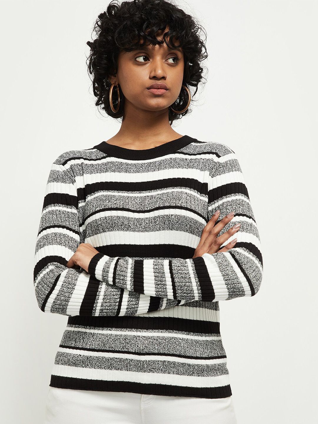 max Women Charcoal & White Striped Cardigan Price in India