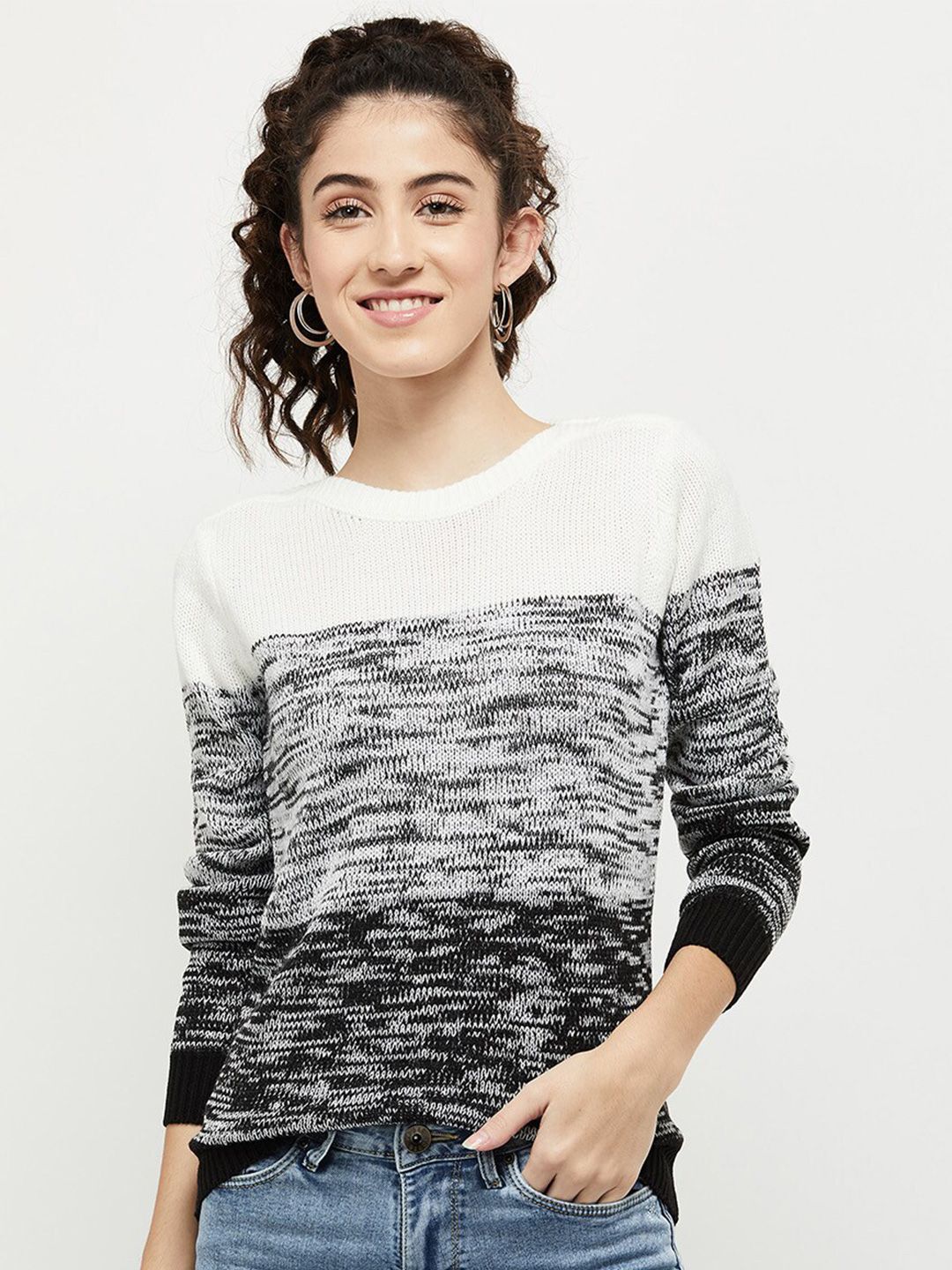 max Women White & Black Colourblocked Sweater Vest Price in India
