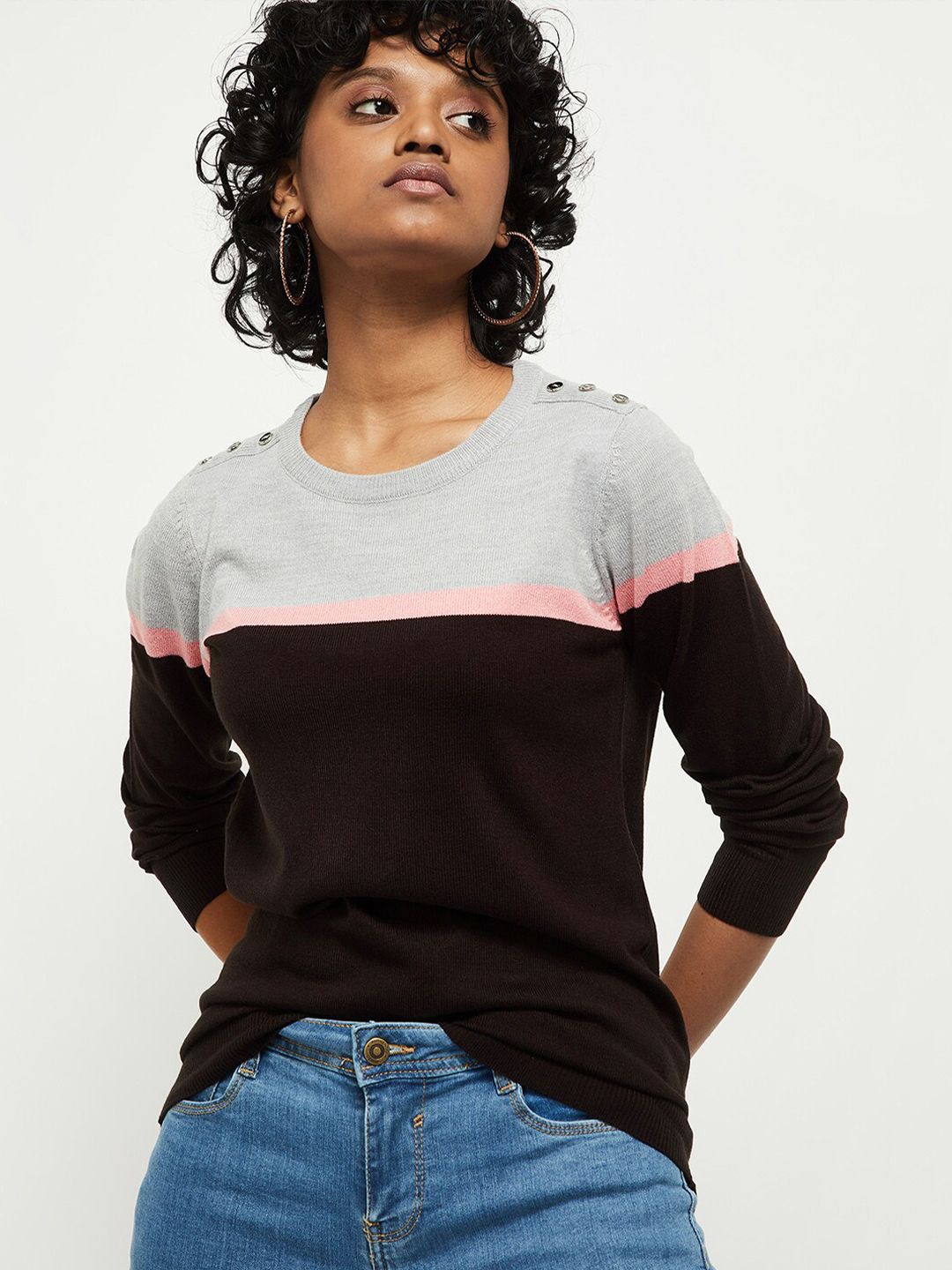 max Women Black & Grey Colourblocked Pullover Sweater Price in India