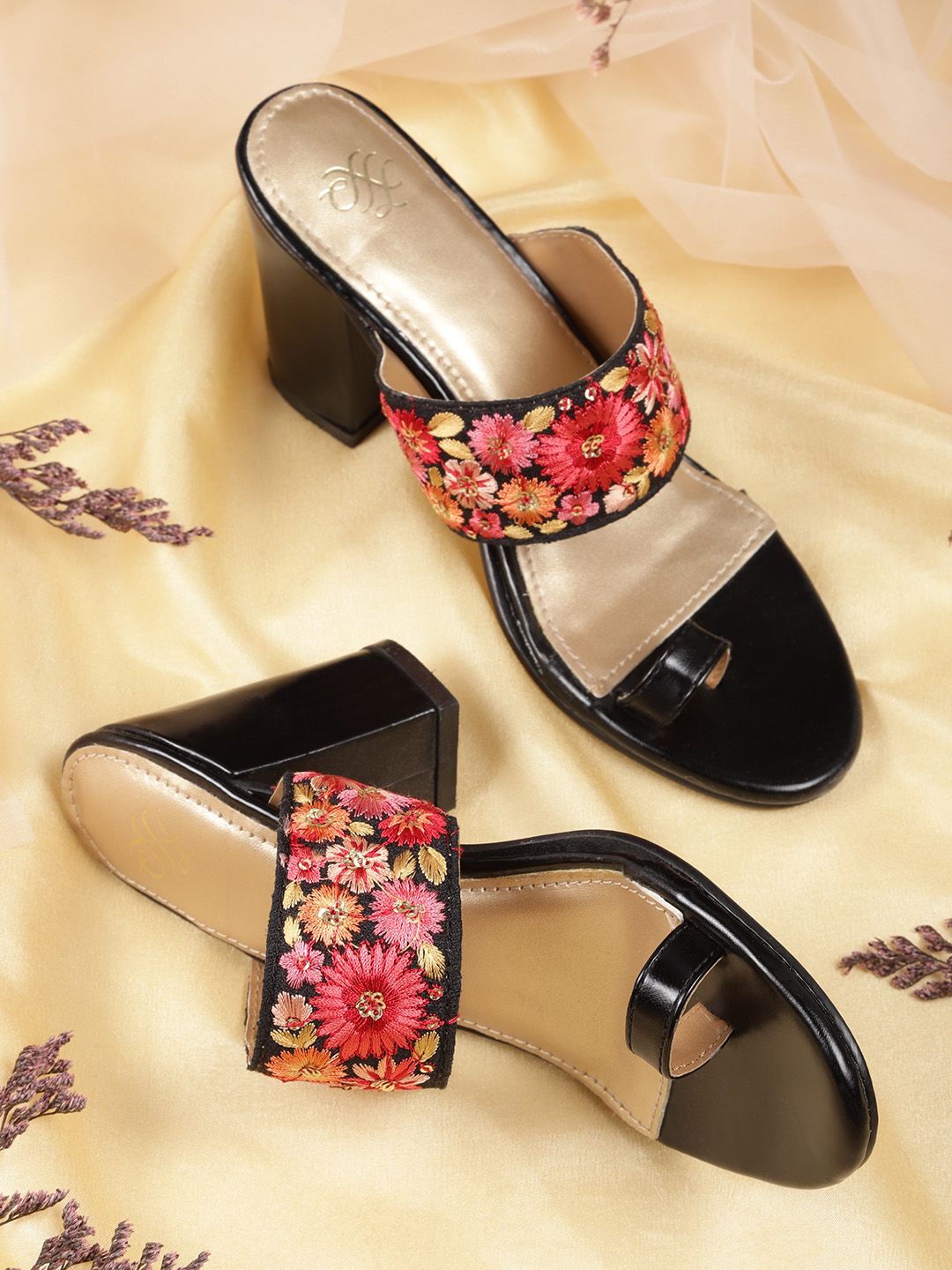 House of Pataudi Black & Pink Ethnic Embellished Handcrafted Leather One-Toe Block Heels Price in India