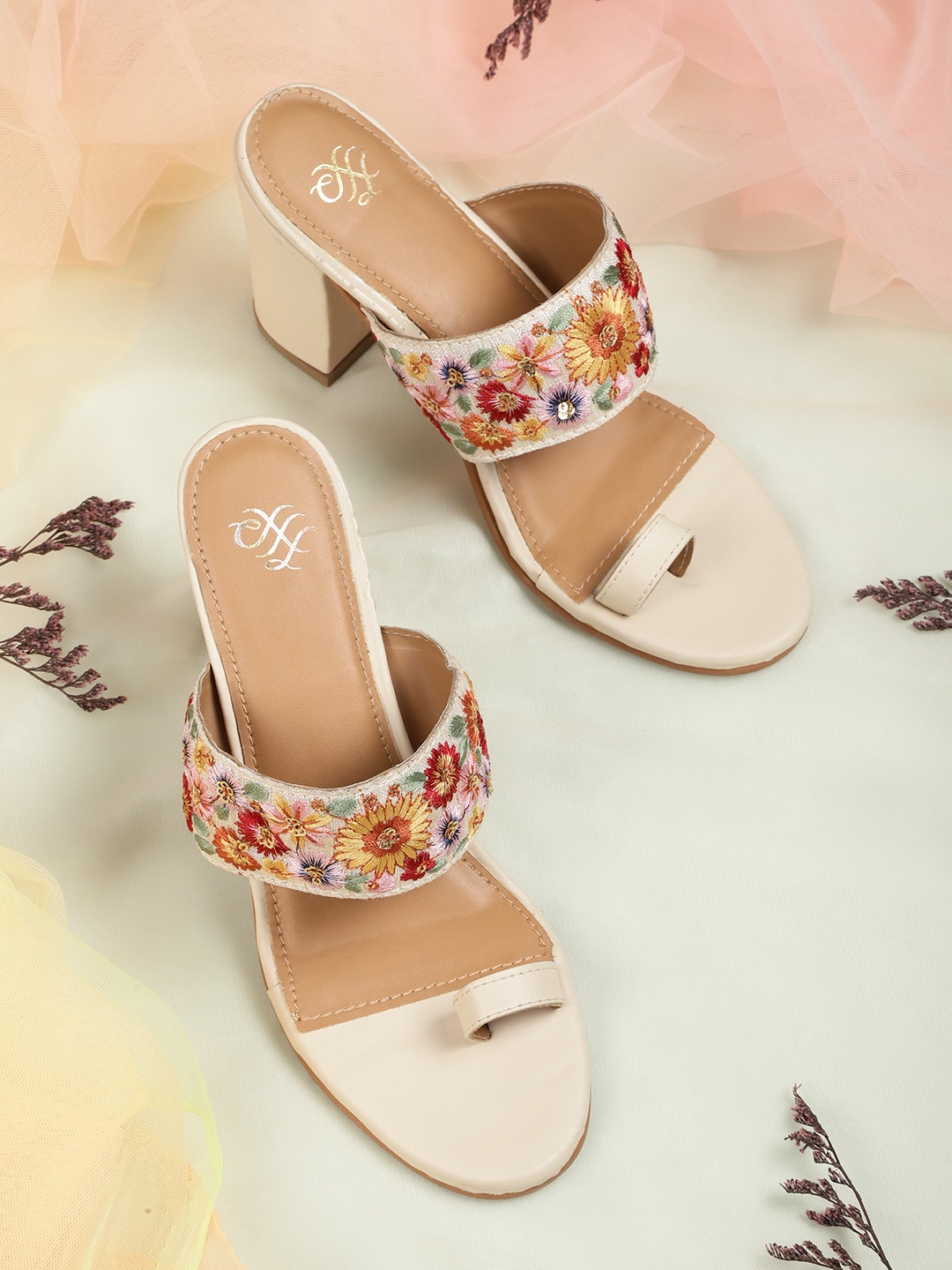 House of Pataudi Off White & Yellow Embroidered Block Heels Price in India