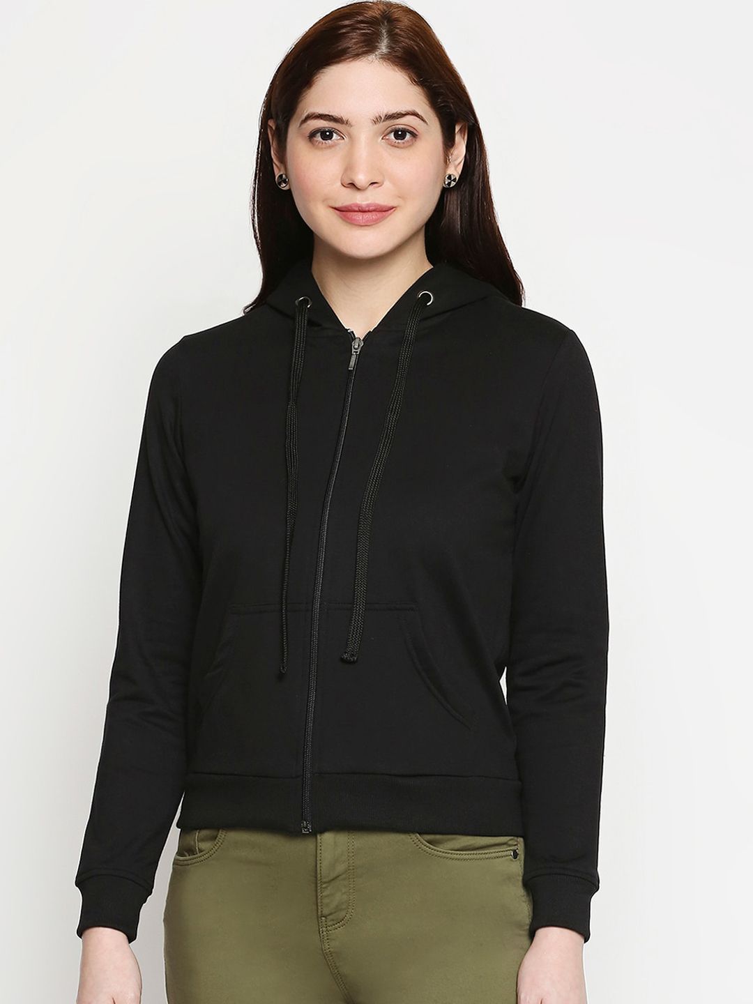 Kraus Jeans Women Black Solid Hooded Front Open Sweatshirt Price in India