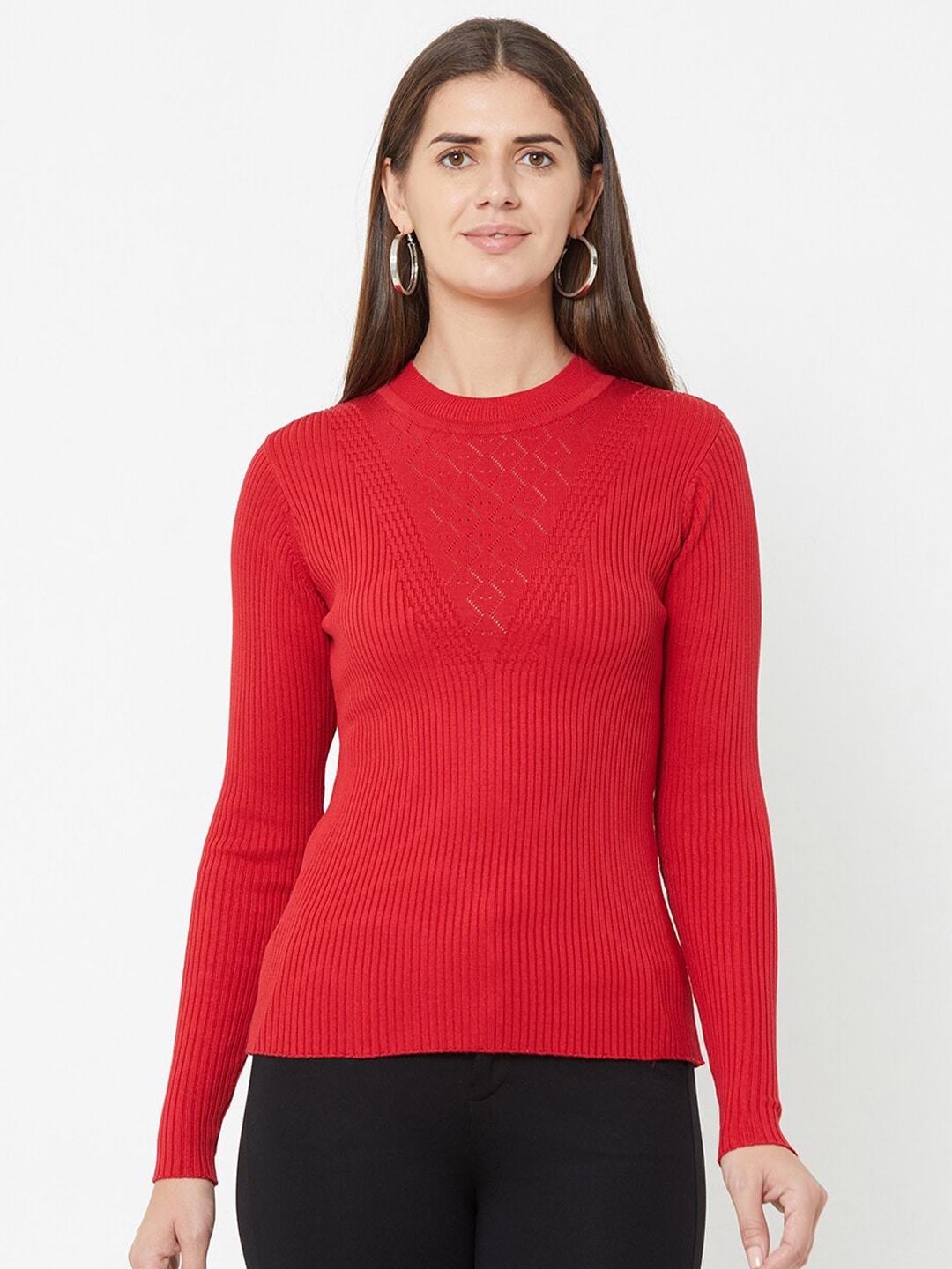 Kraus Jeans Women Red Ribbed Pullover Sweater Price in India