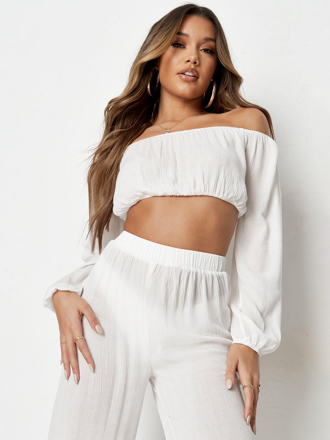 Missguided Women White Solid Beach Cover-Up Crop Top & Palazzos Price in India