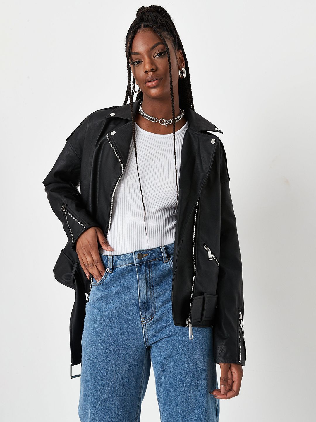Missguided Women Black Solid Biker Jacket with Belt Price in India