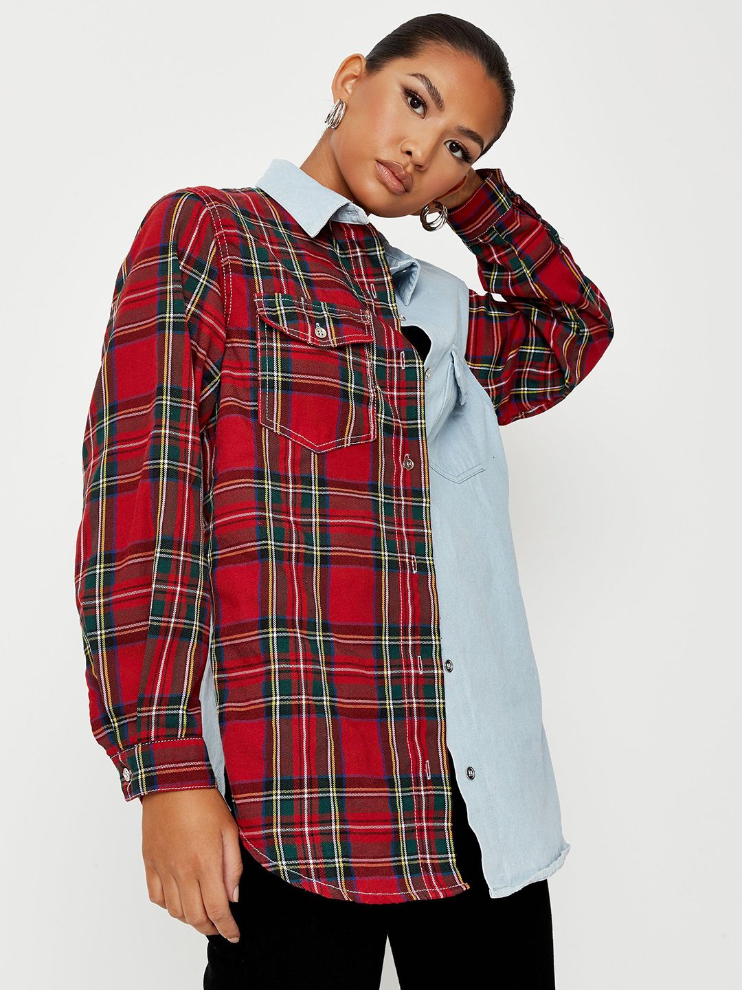 Missguided Women Red & Blue Pure Cotton Checked Longline Shacket Price in India