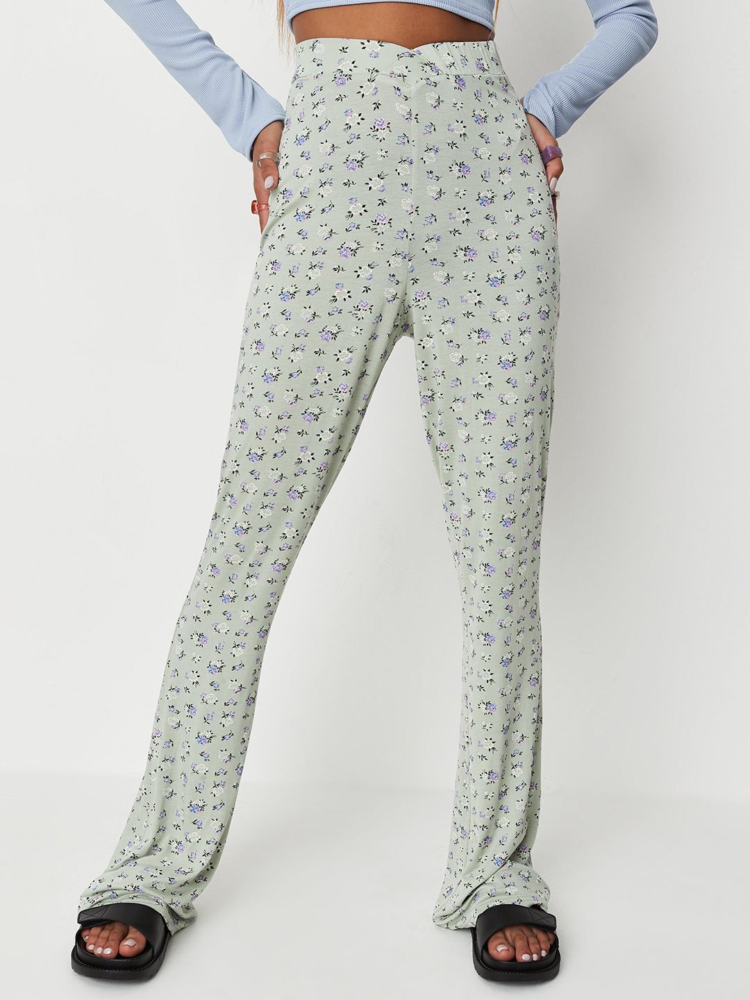 Missguided Women Sage Green Ditsy Floral Printed High-Rise Parallel Trousers Price in India