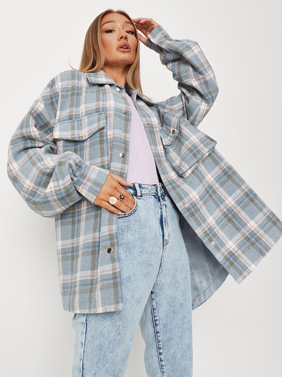 Missguided Women Blue Checked Longline Shacket Price in India