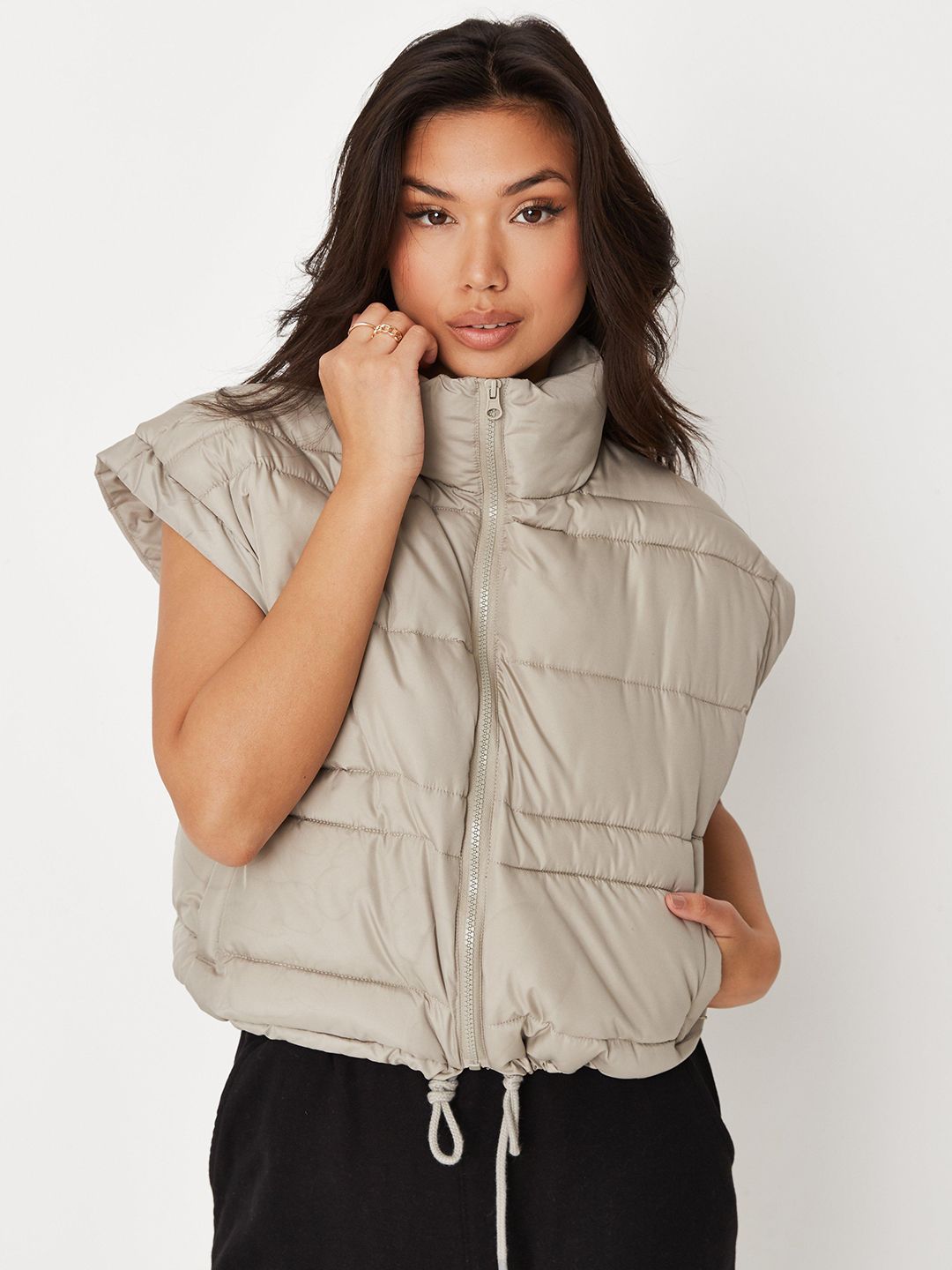 Missguided Women Beige Solid Puffer Gilet Jacket Price in India