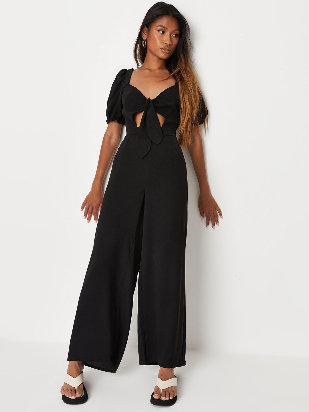 Missguided Women Black Sweetheart Neck Tie-Up Cut-Out Puff Sleeves Basic Jumpsuit Price in India