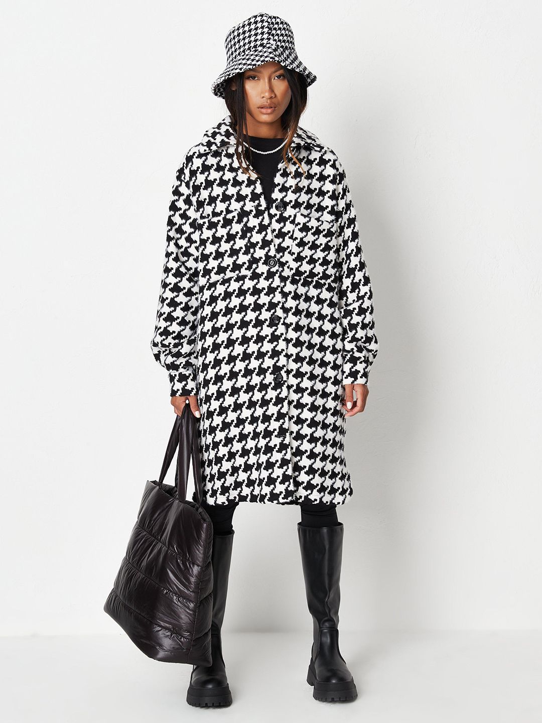 Missguided Women White Black Houndstooth Patterned Longline Shacket Price in India