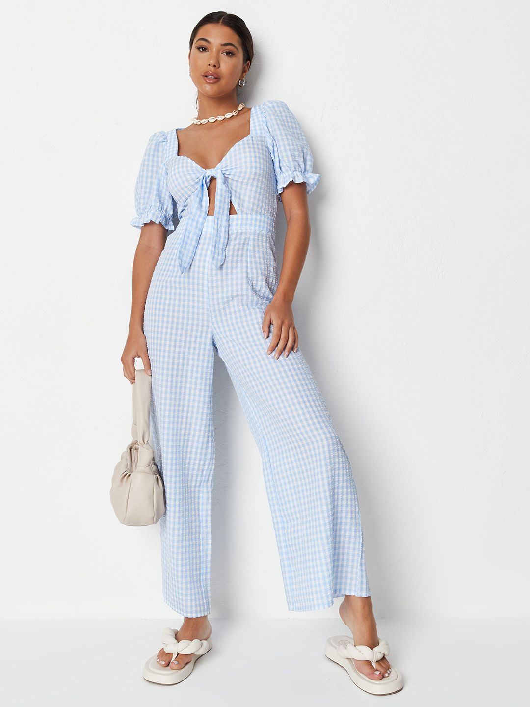 Missguided Blue & White Checked Seersucker Wide Leg Basic Jumpsuit with Tie-Ups & Cut-Out Price in India