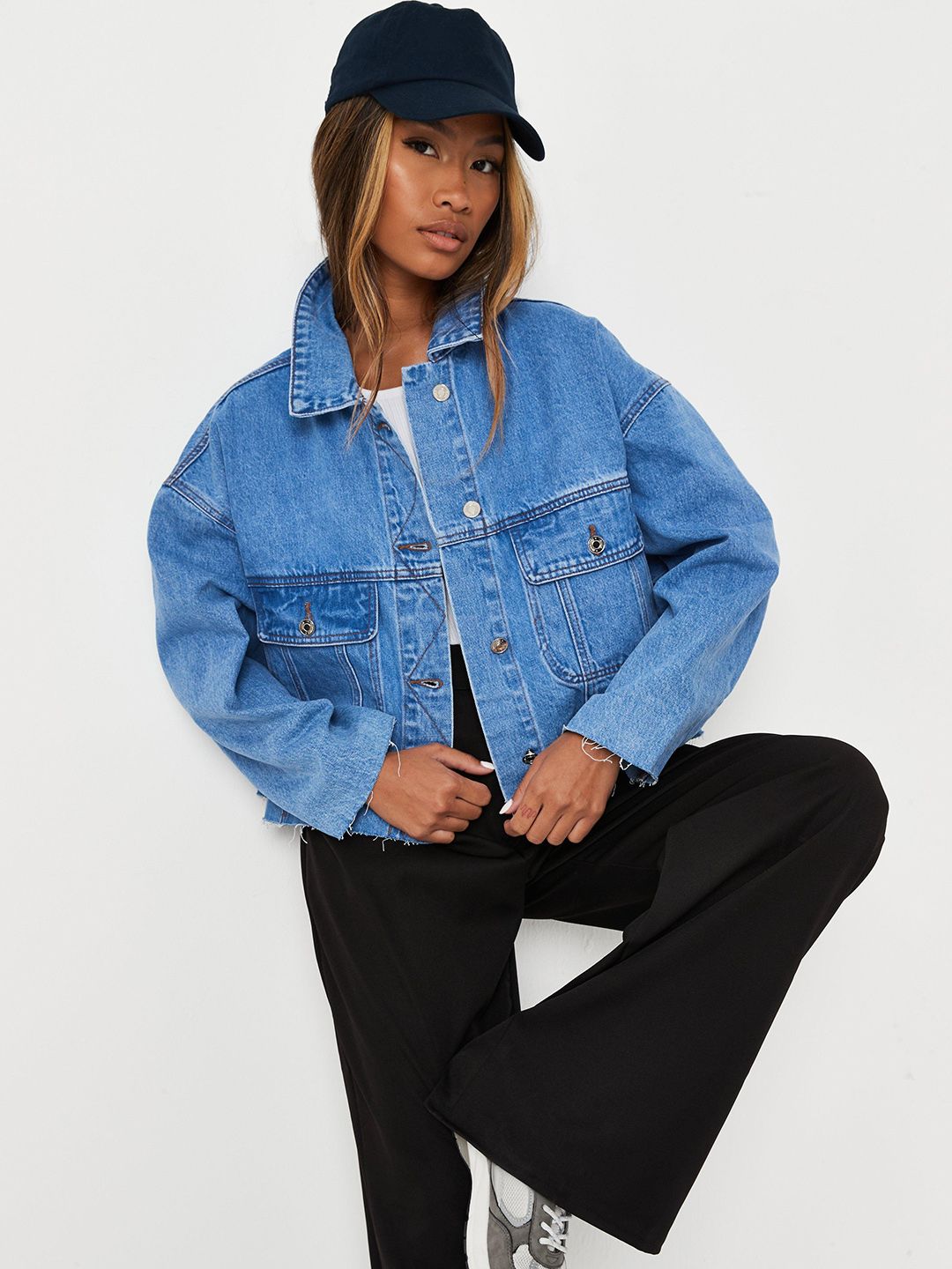Missguided Women Blue Washed Cotton Denim Jacket with Oversized Flap Pockets Price in India
