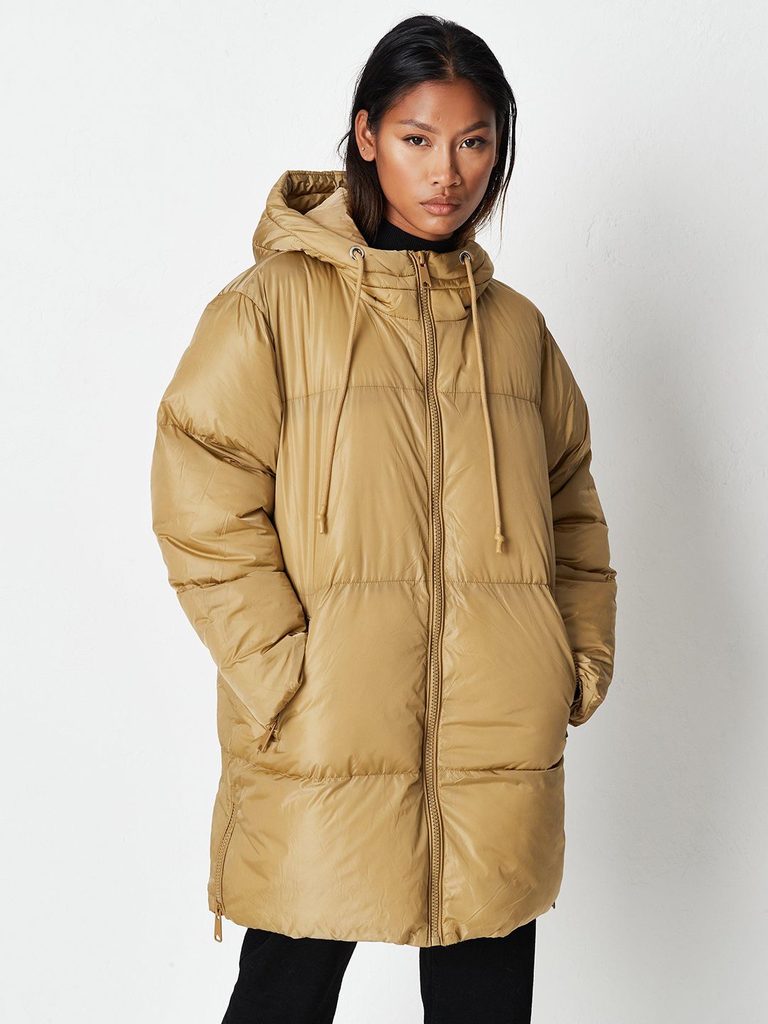 Missguided Women Beige Solid Longline Hooded Puffer Jacket Price in India