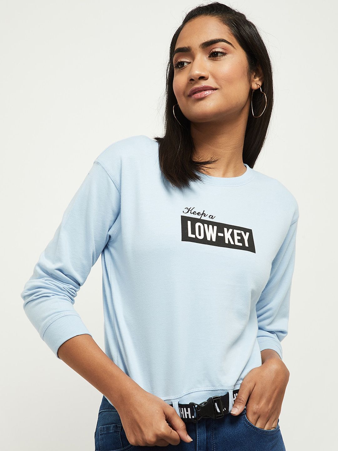 Max Women Blue Typography Sweatshirt Price in India