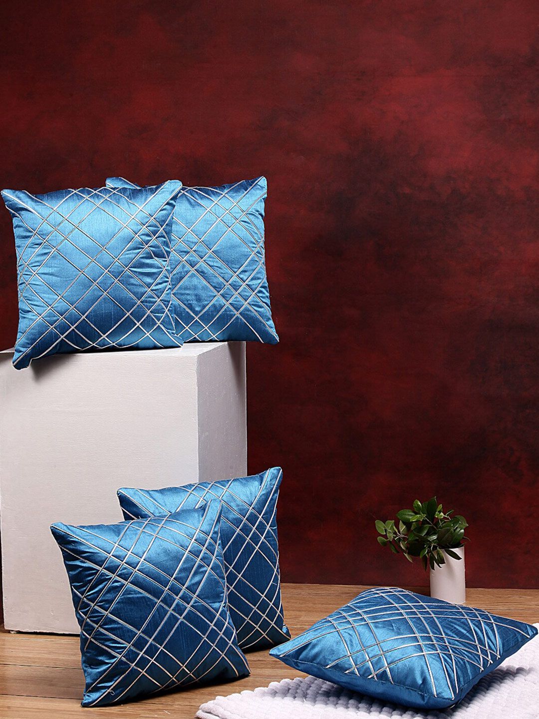 DREAM WEAVERZ Turquoise Blue  Silver-Toned Set of 5 Embroidered Square Cushion Covers Price in India