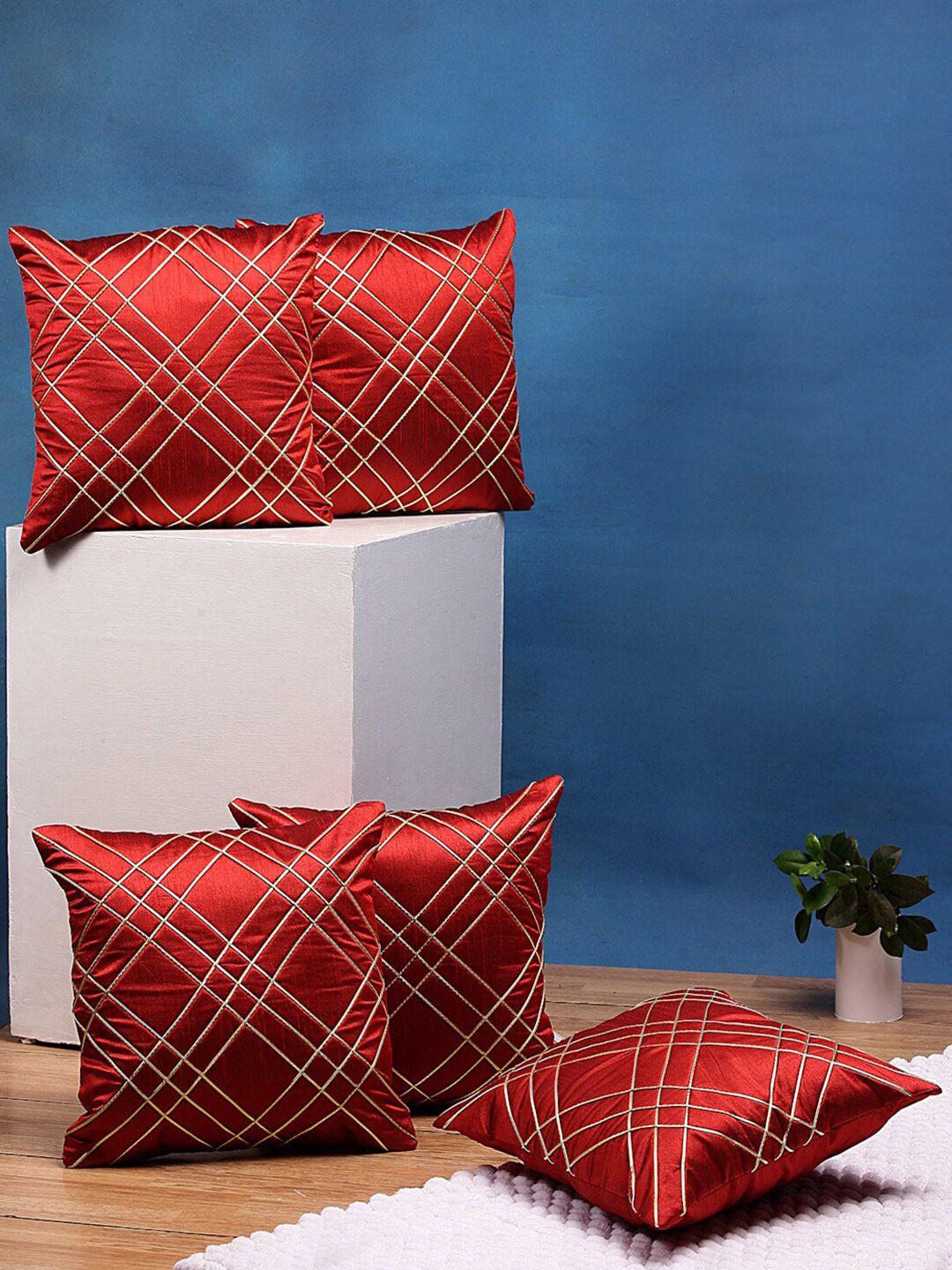 DREAM WEAVERZ Set Of 5 Red & Gold-Toned Striped Silk Square Cushion Covers Price in India