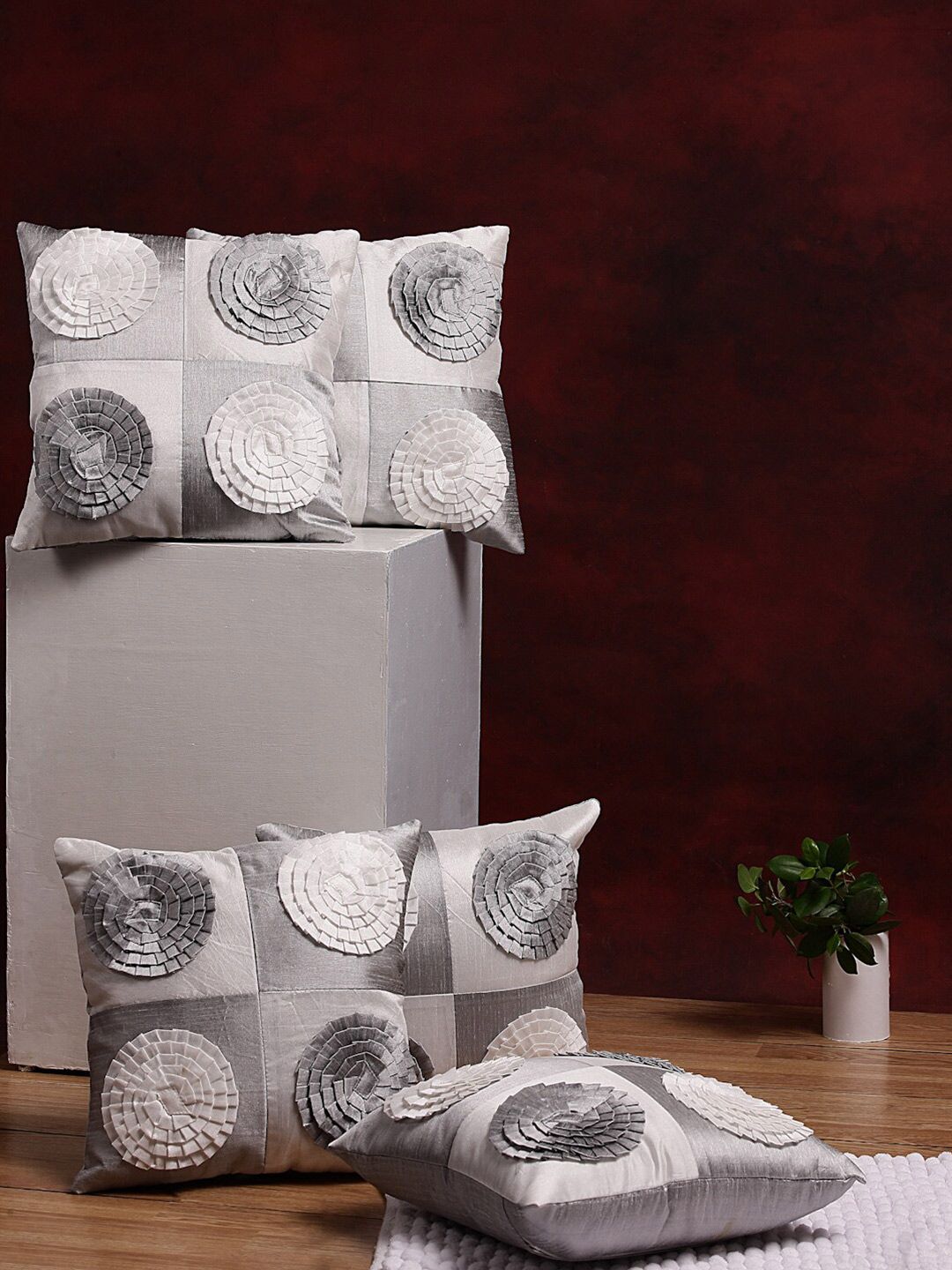 DREAM WEAVERZ Grey & White Set of 5 Embroidered Silk Square Cushion Covers Price in India