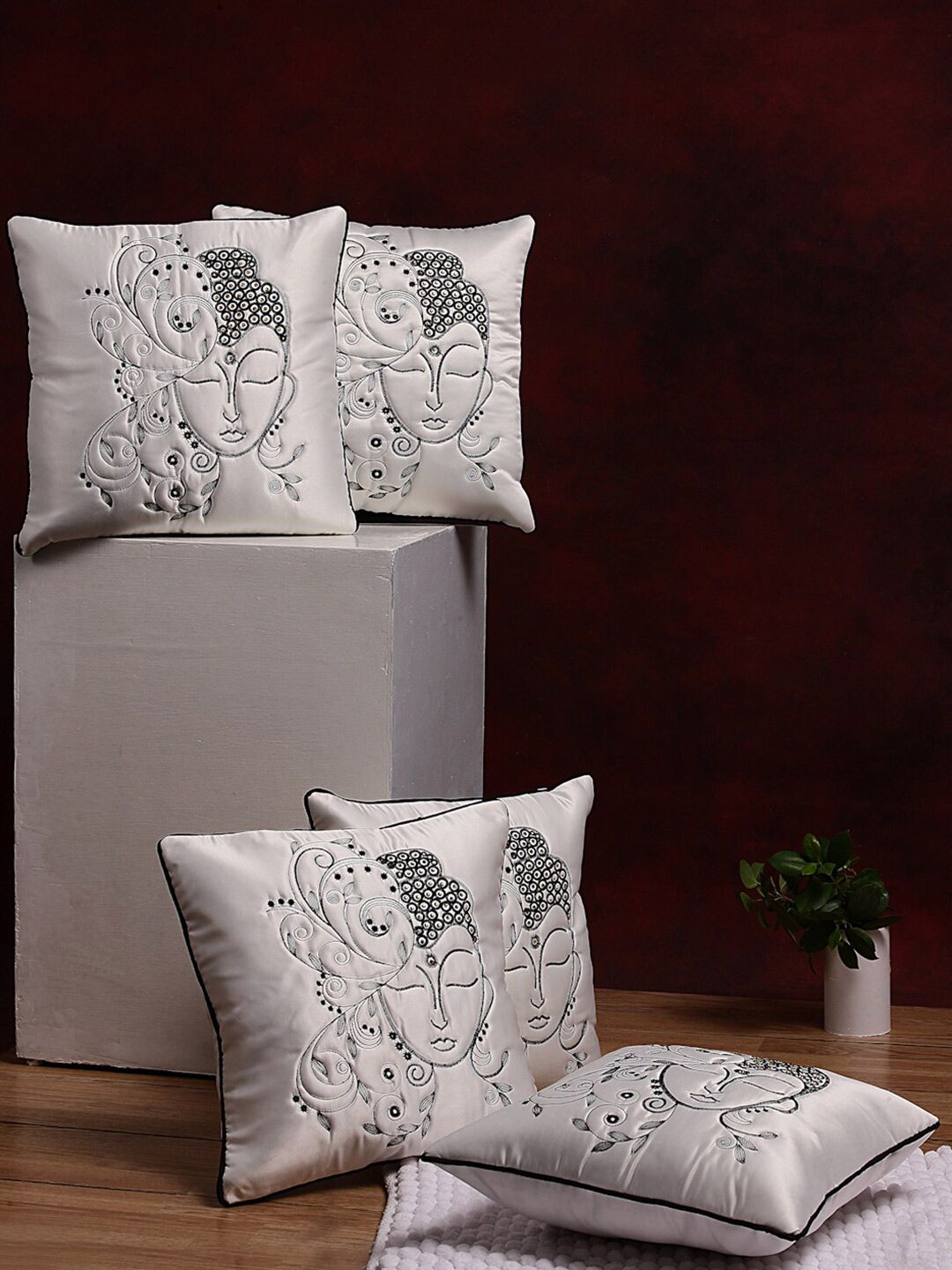 DREAM WEAVERZ Set of 5 White & Black Embroidered Satin Square Cushion Covers Price in India