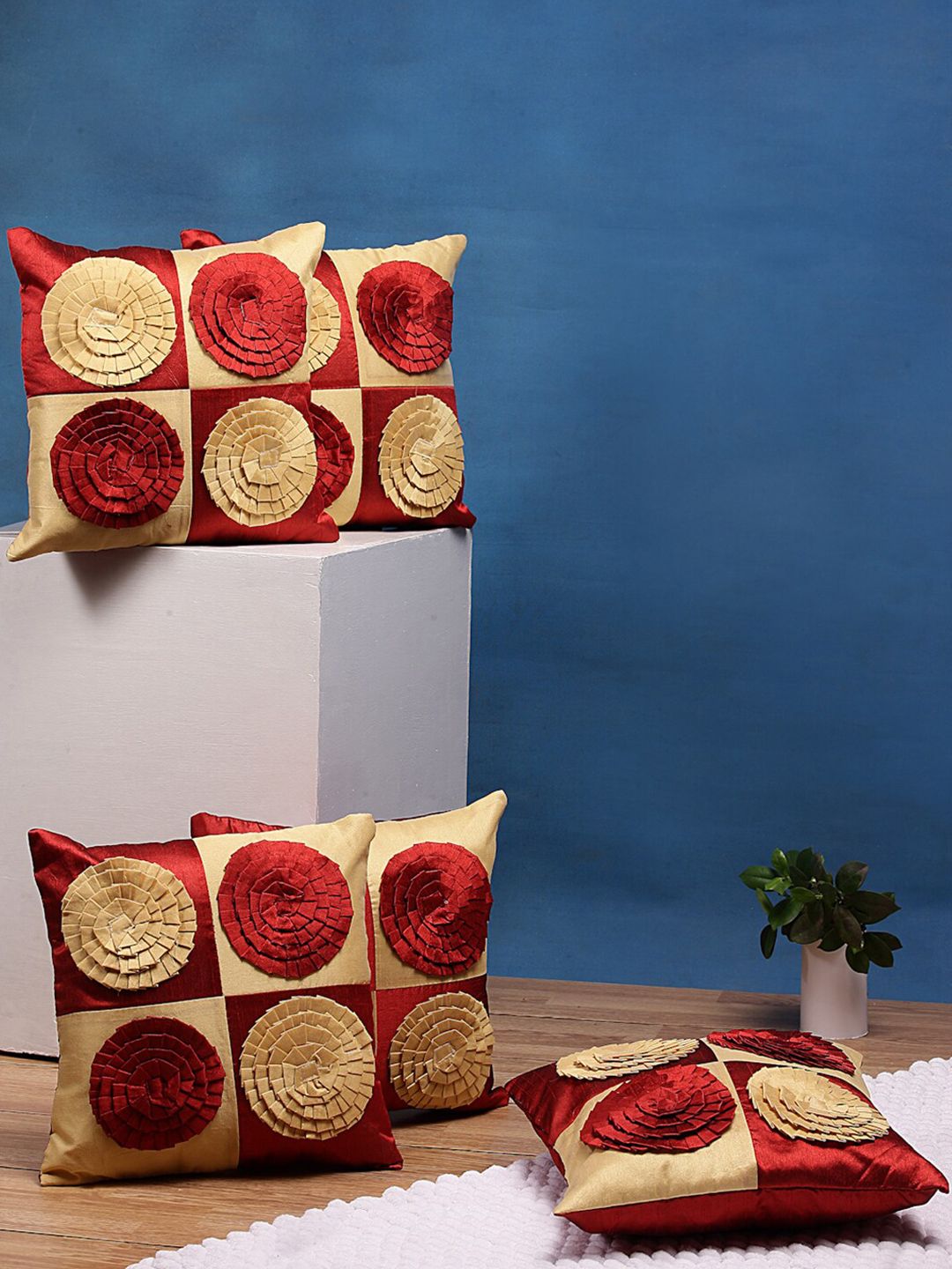 DREAM WEAVERZ Red  Beige Set of 5 Embroidered Square Cushion Covers Price in India