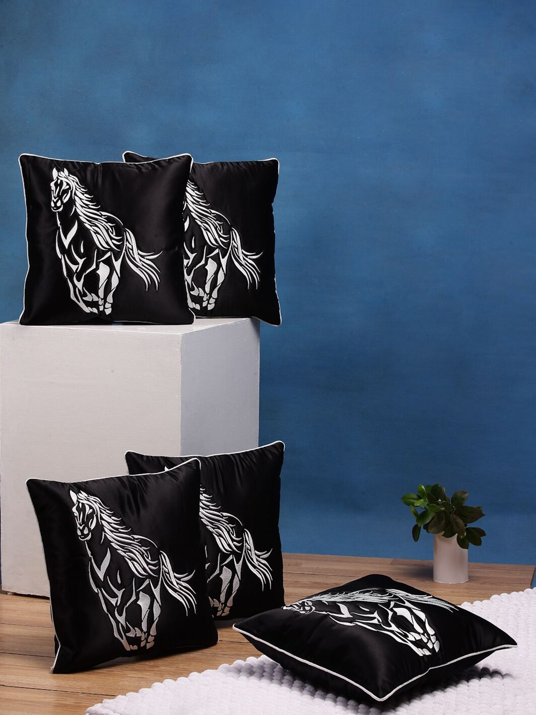 DREAM WEAVERZ Black & White Set of 5 Ethnic Motifs Satin Square Cushion Covers Price in India