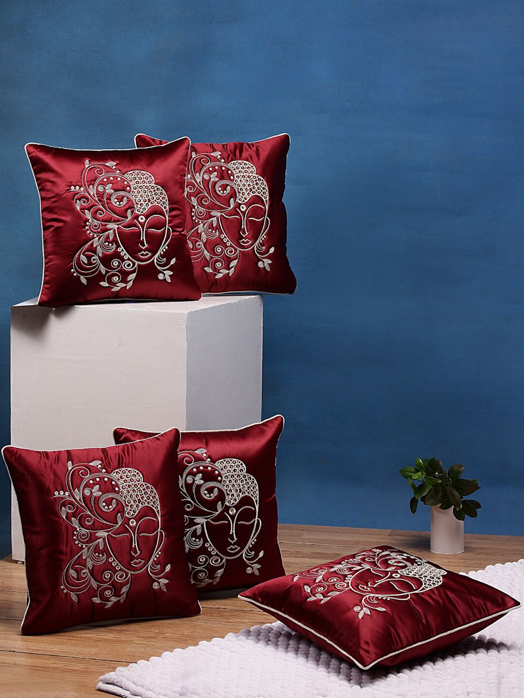 DREAM WEAVERZ Red Set of 5 Embroidered Satin Cushion Covers Price in India