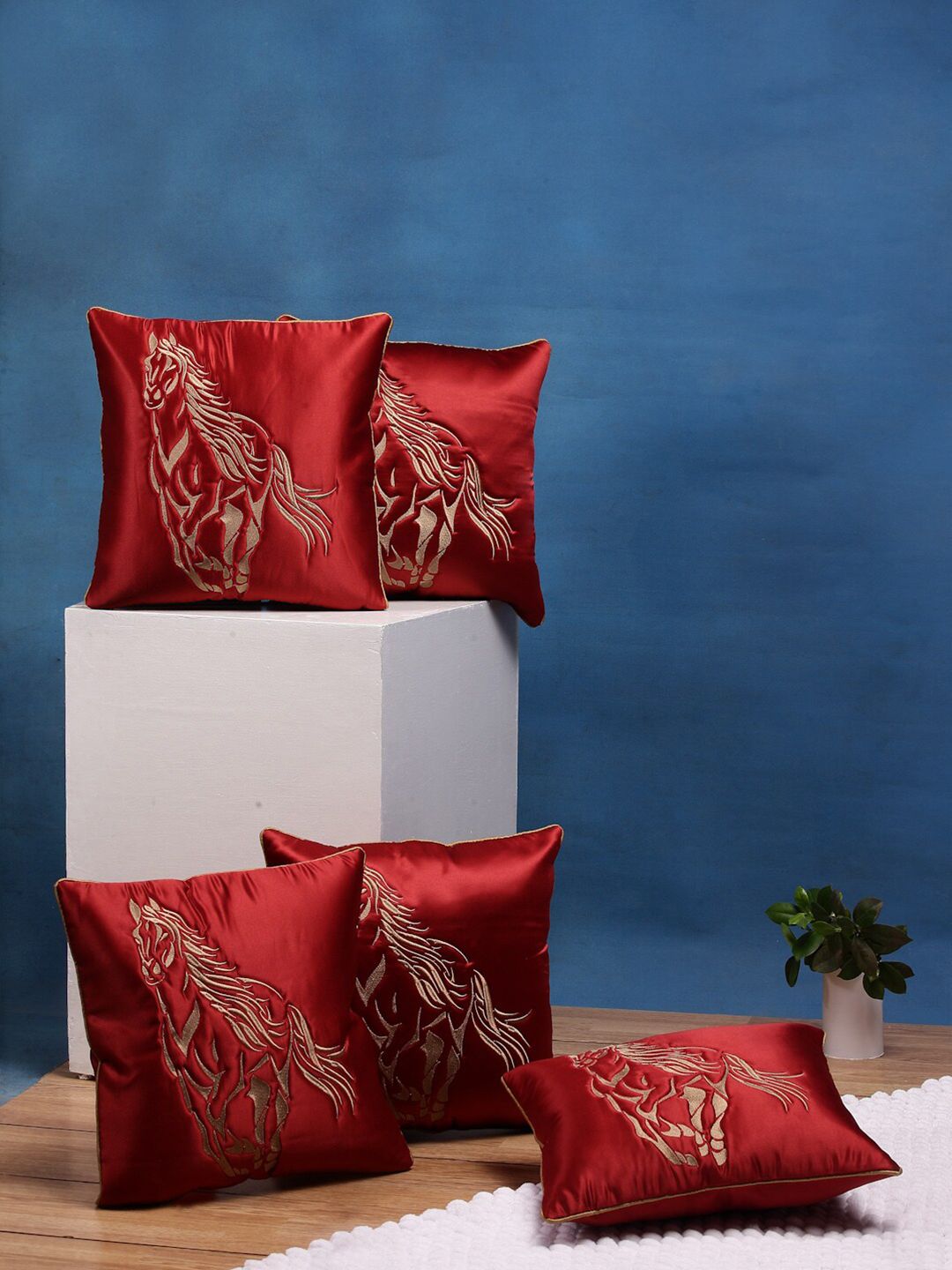 DREAM WEAVERZ Red & Rust Set of 5 Embroidered Satin Square Cushion Covers Price in India